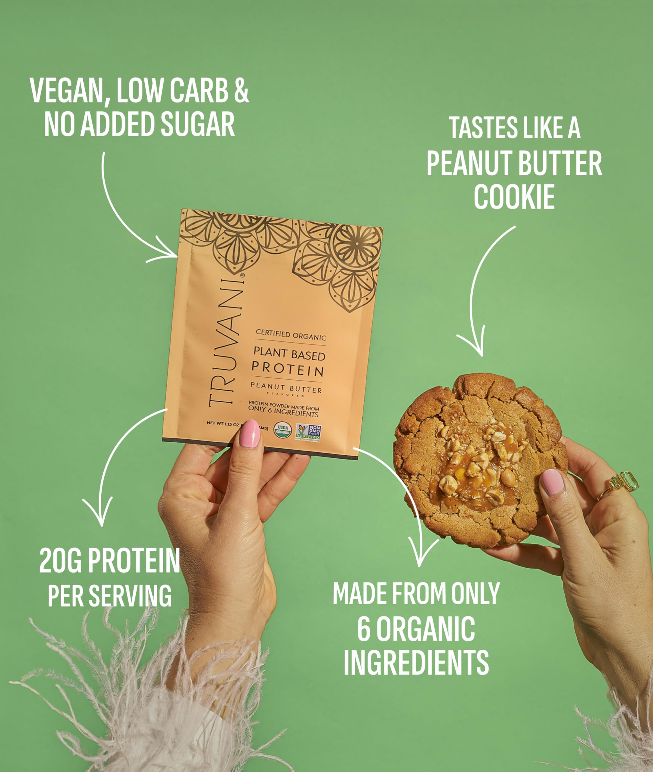 Truvani peanut butter flavor shake glass highlighting a dairy-free protein blend.