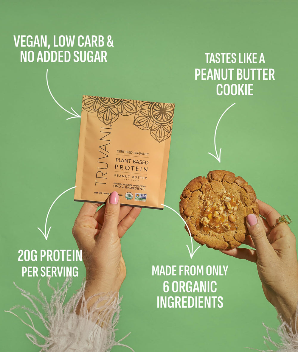 Truvani peanut butter flavor shake glass highlighting a dairy-free protein blend.