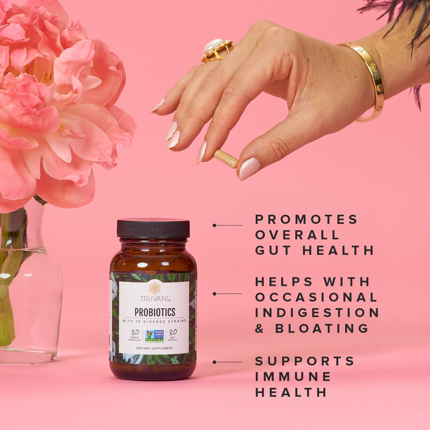Truvani Probiotic label close-up showing 30 servings and non-GMO claim.