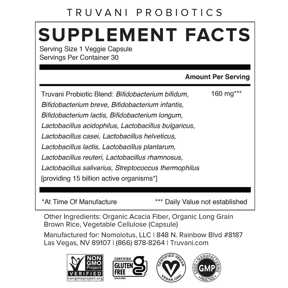 Truvani Probiotic Capsules soft vegan capsules designed for daily gut support.