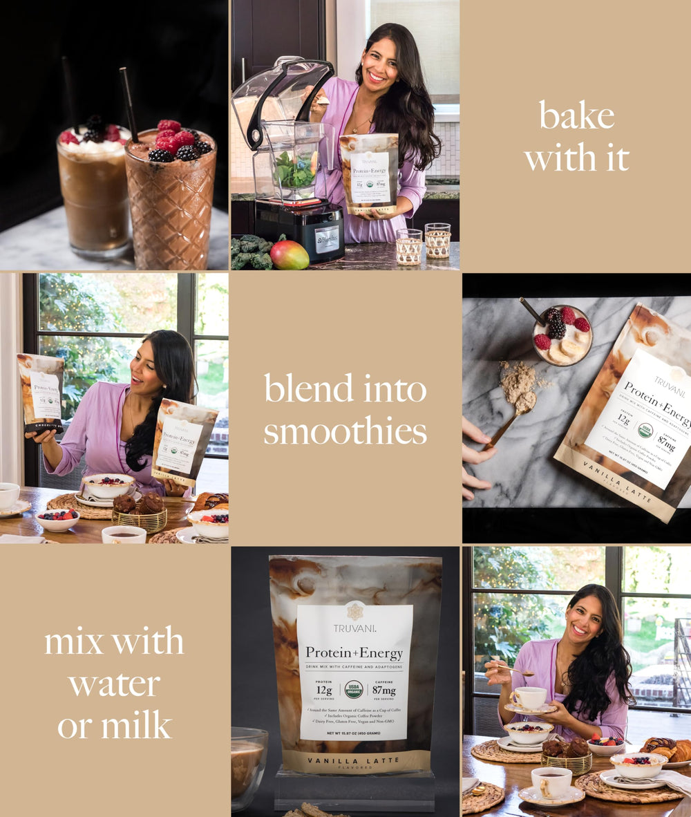 Truvani Protein Energy coffee beans and adaptogens illustration