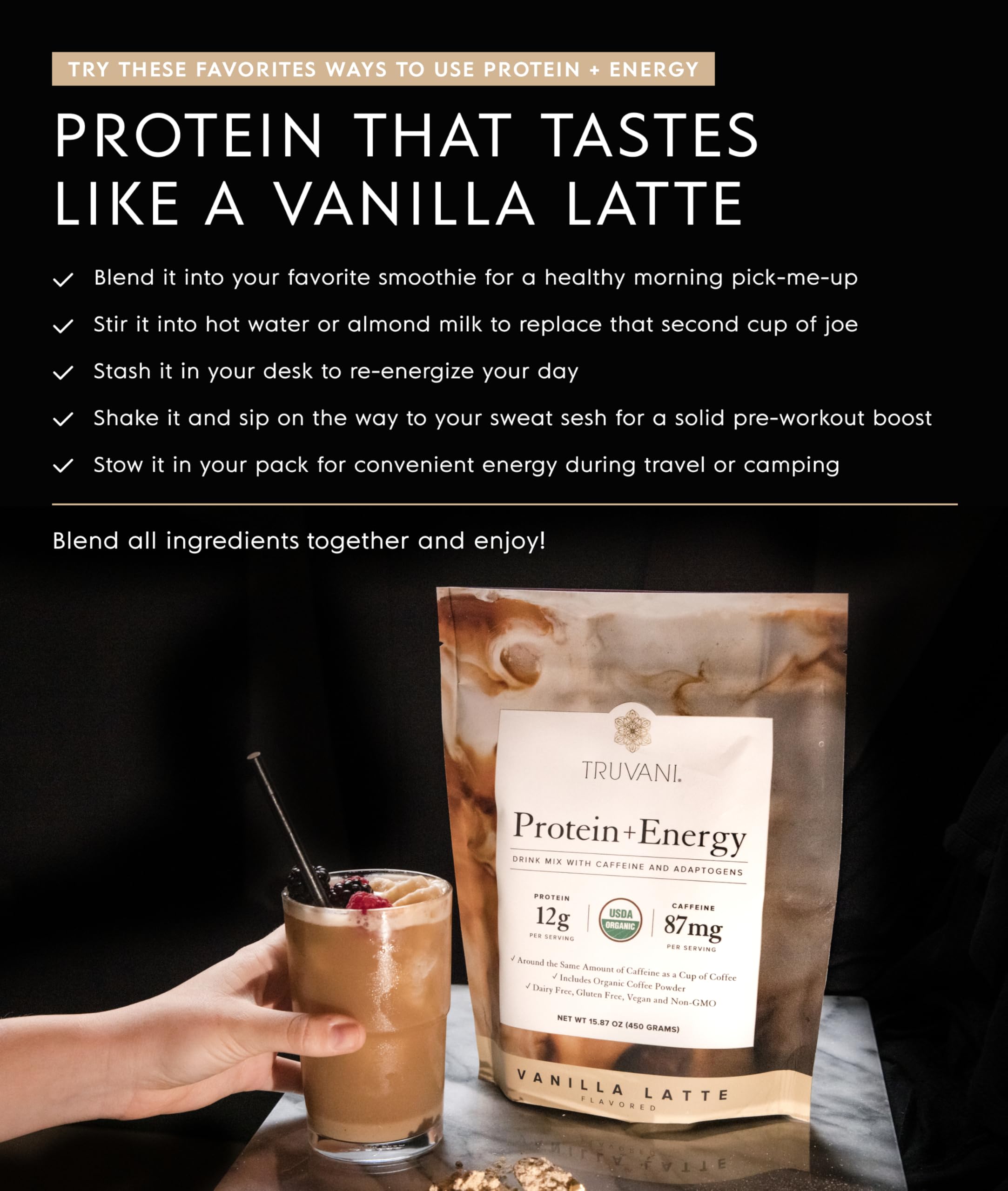 Truvani Protein Energy label detail showing organic certifications