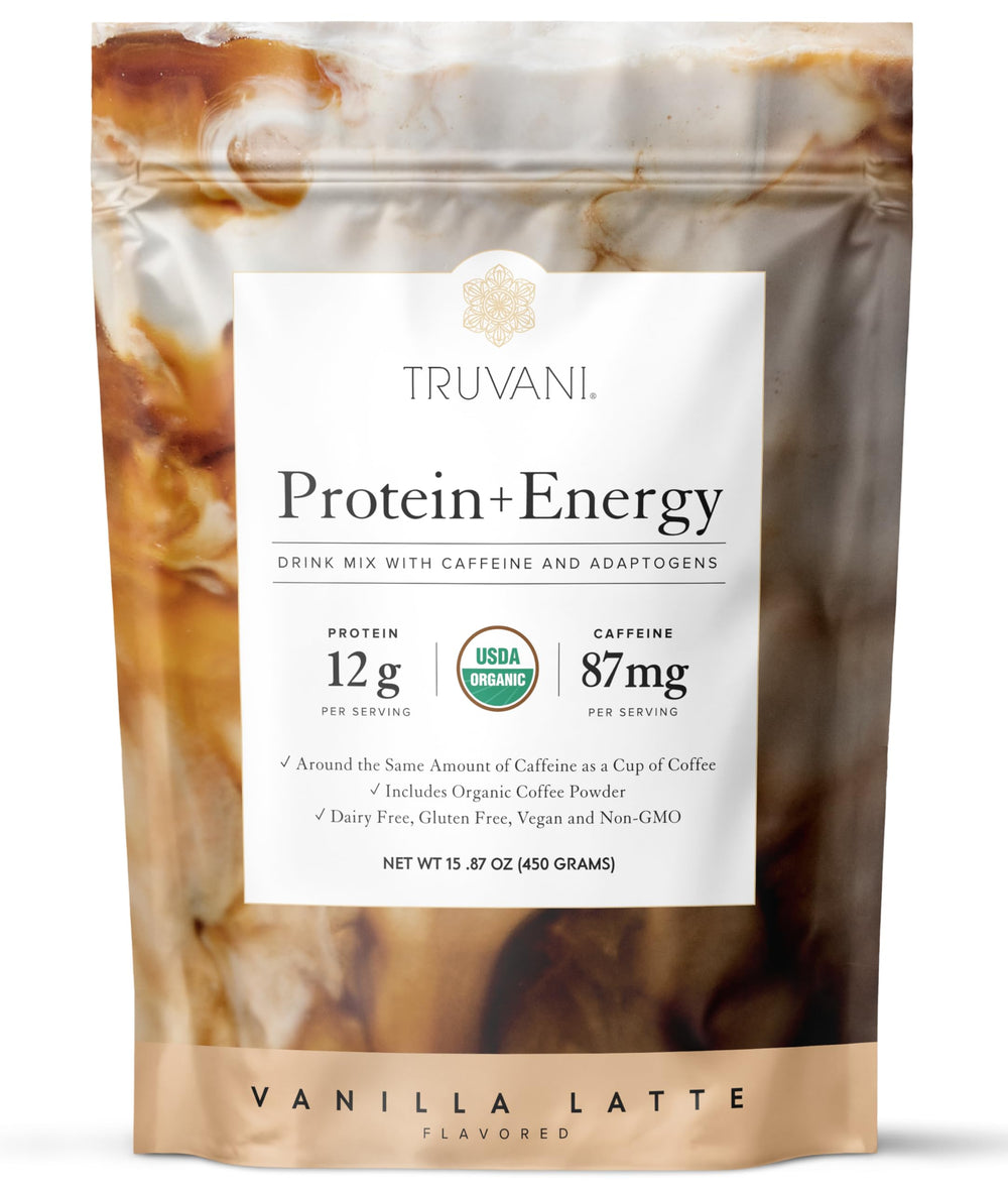 Truvani Protein Energy Vanilla Latte tub close-up for premium plant protein