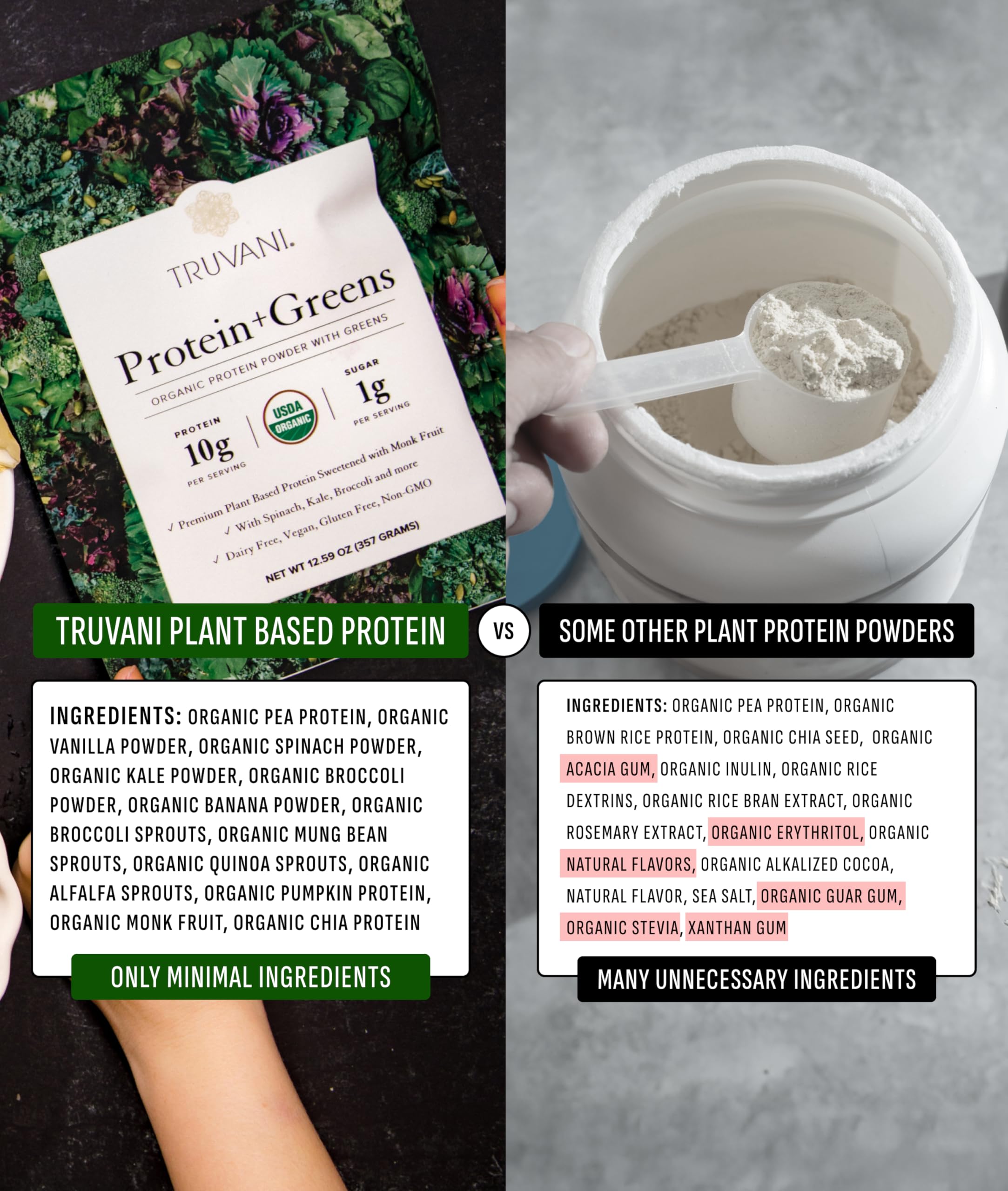 Truvani Protein + Greens scoop, plant-based protein routine essential