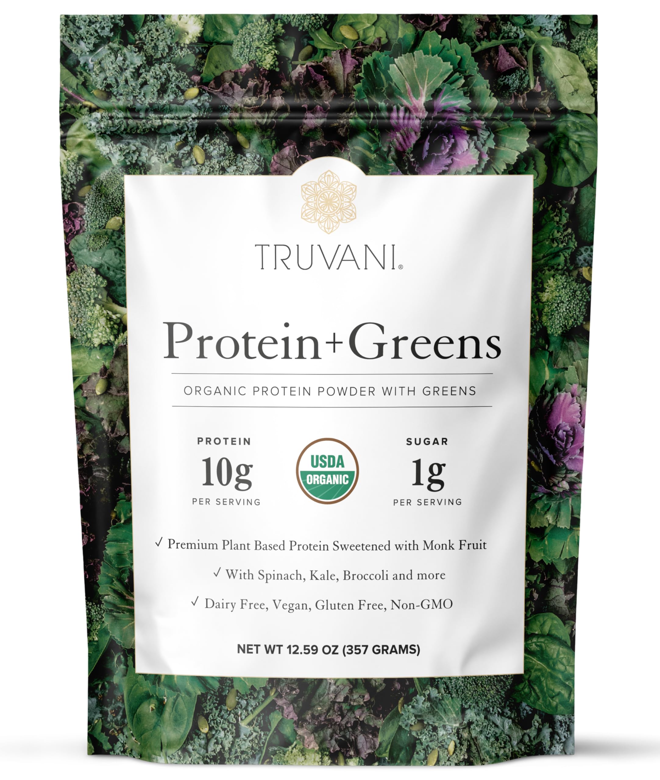 Truvani Protein + Greens spinach bottle, organic protein boost for daily meals