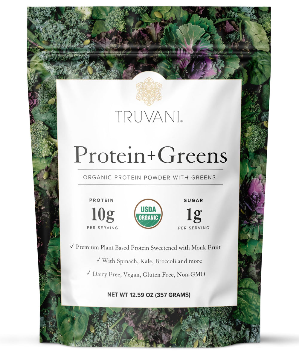 Truvani Protein + Greens spinach bottle, organic protein boost for daily meals