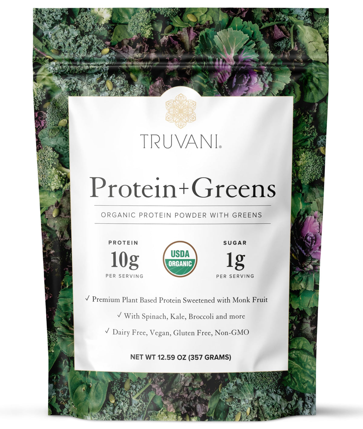 Truvani Protein + Greens spinach bottle, organic protein boost for daily meals