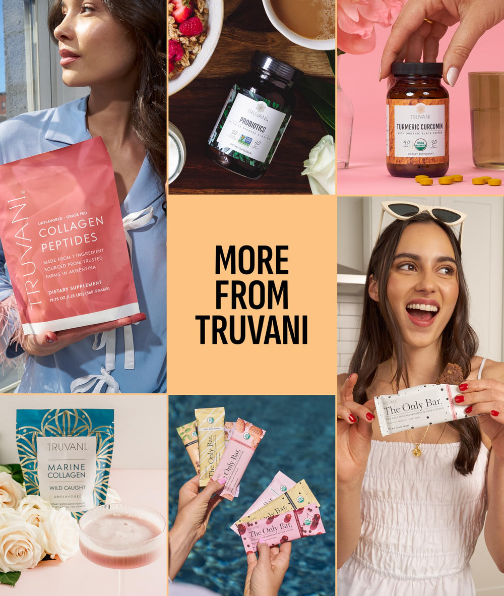 Truvani protein powder scoop beside measuring cup for precise servings.