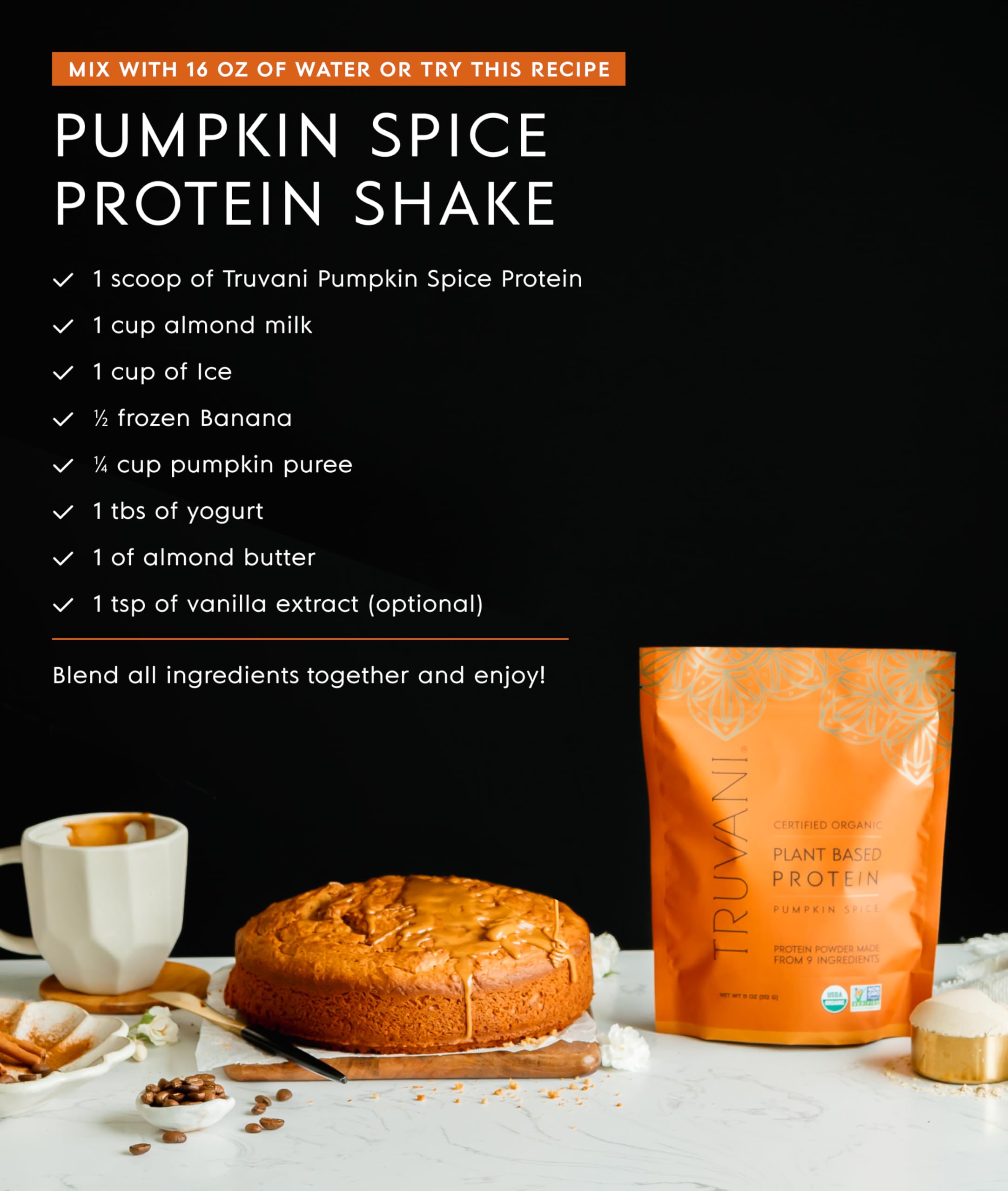 Truvani pumpkin spice powder beside a keto-friendly meal suggests low-carb compatibility