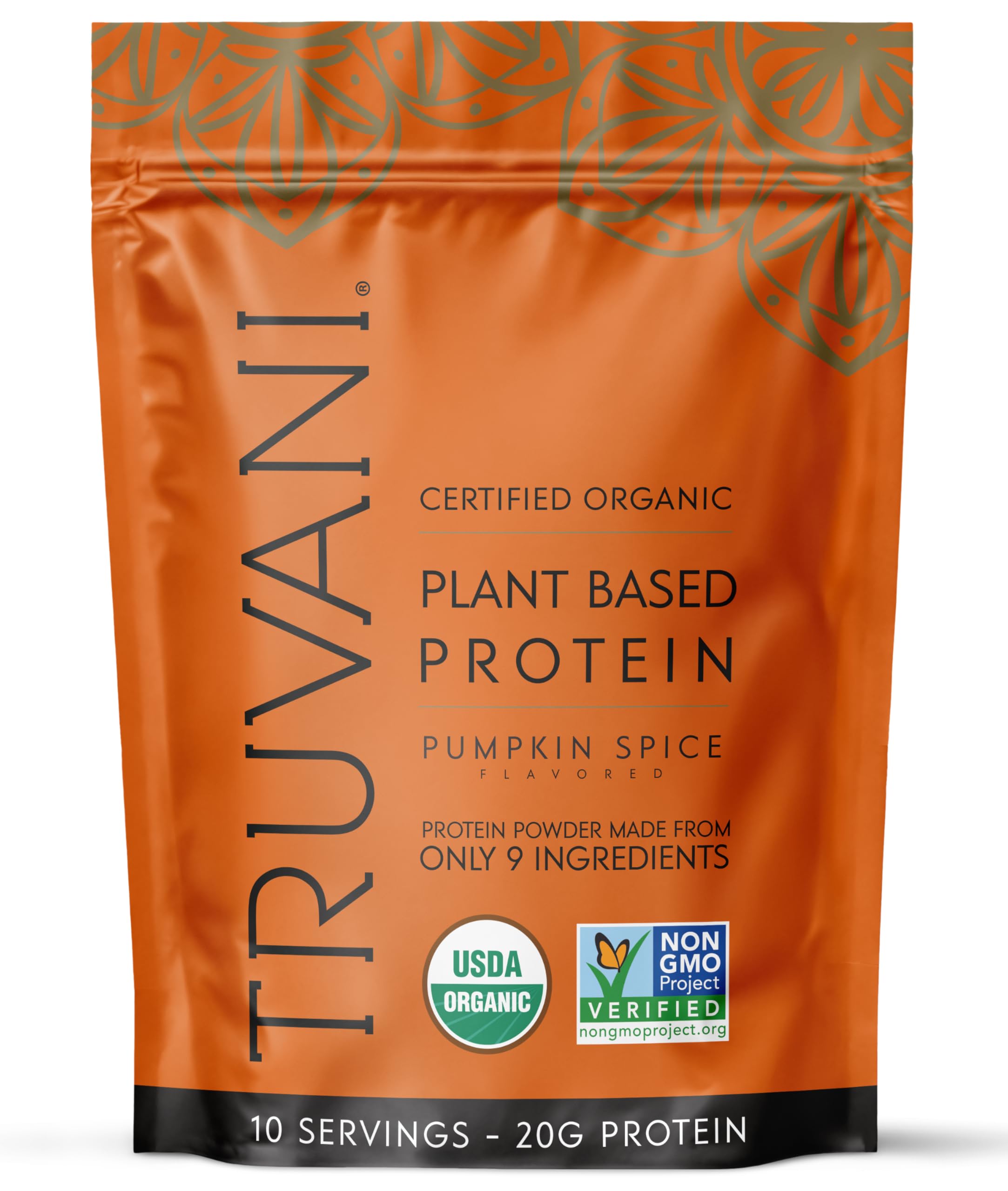 Truvani Pumpkin Spice protein bottle shows premium organic ingredients for keto-friendly nutrition