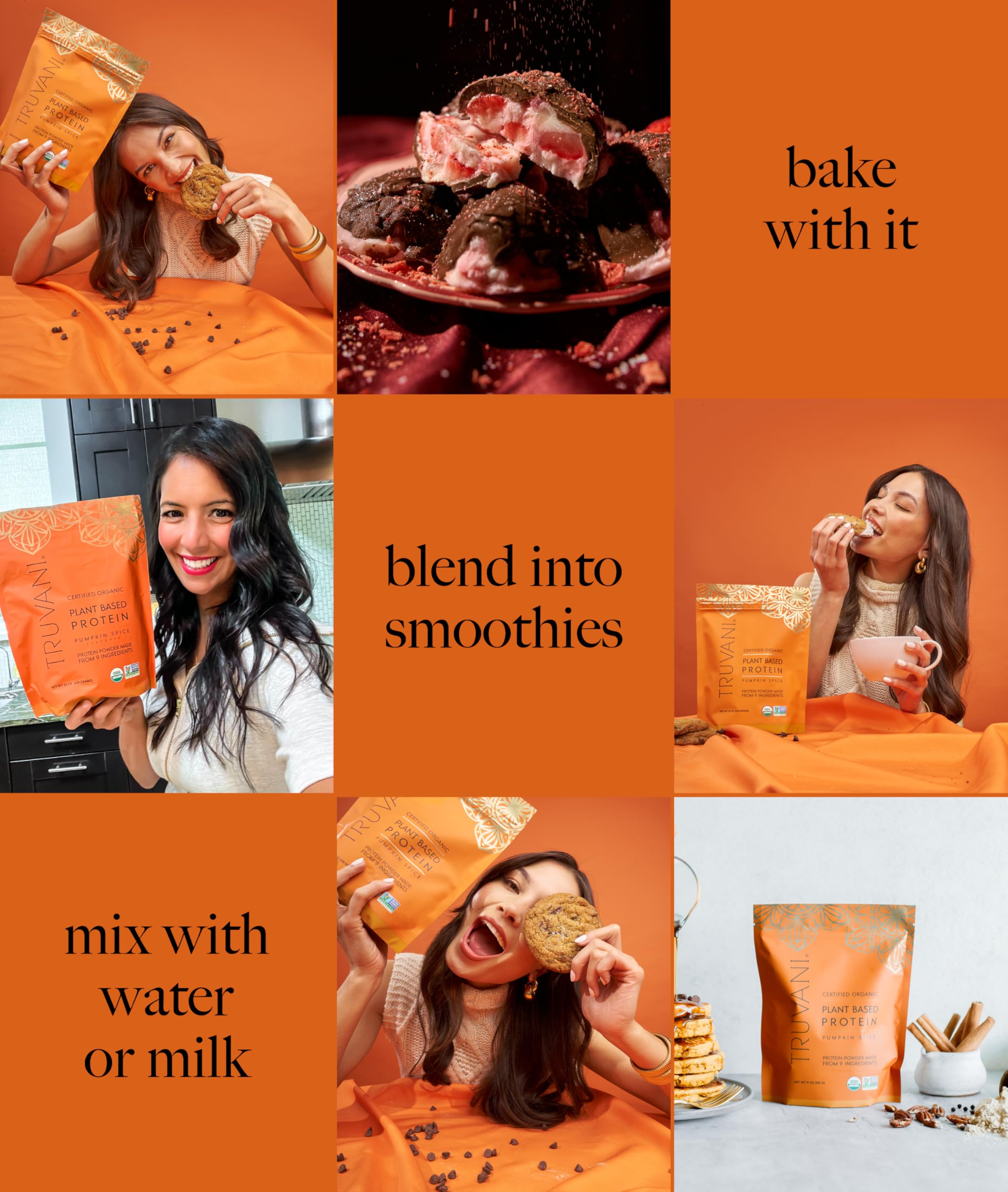 Truvani pumpkin spice tub close-up reveals no added sugar and monk fruit sweetness