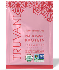 Truvani vegan pea protein strawberry bottle shows clean organic protein for vegan diets.