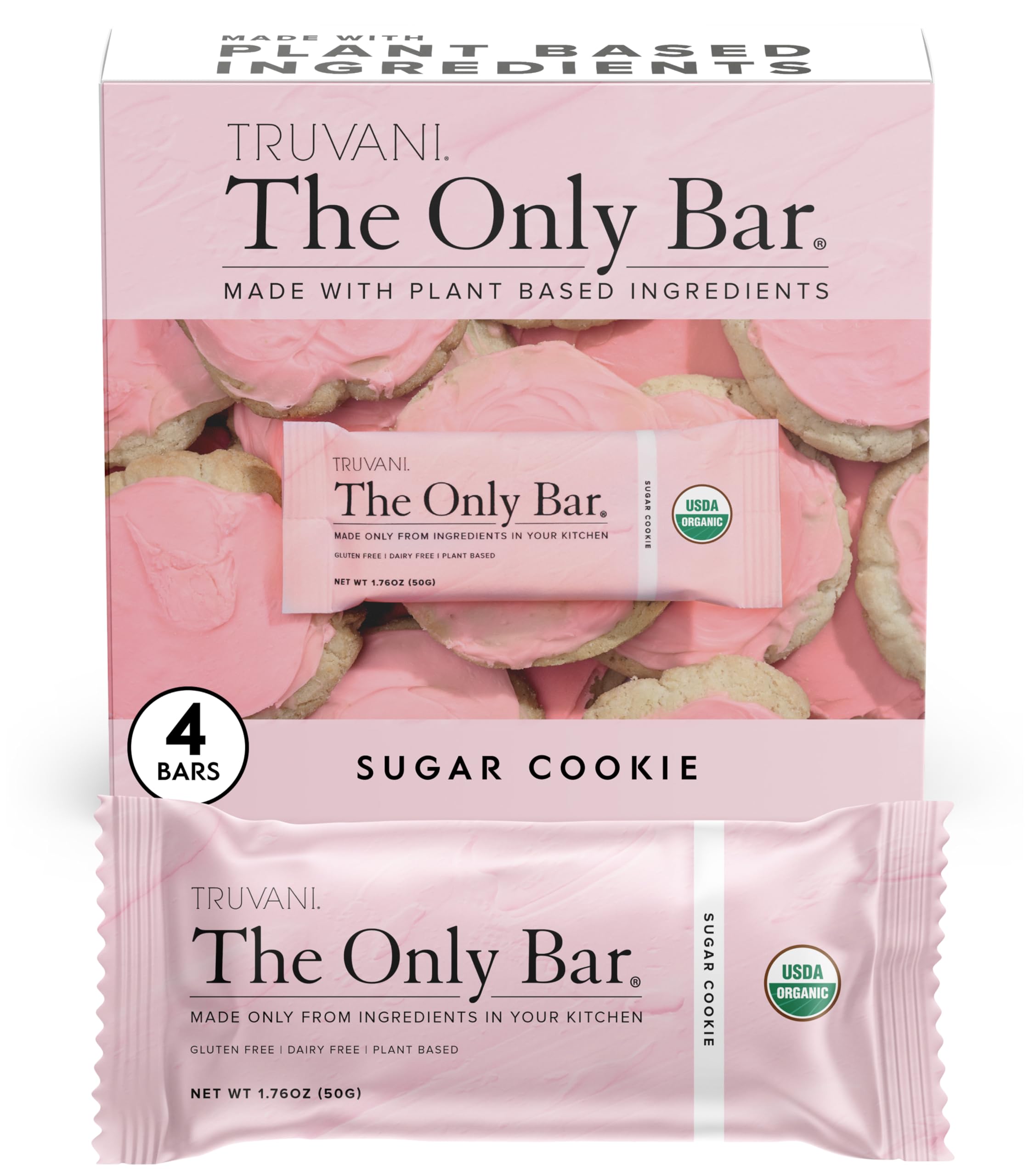 Truvani Sugar Cookie Bar four-pack front view, convenient on-the-go snack