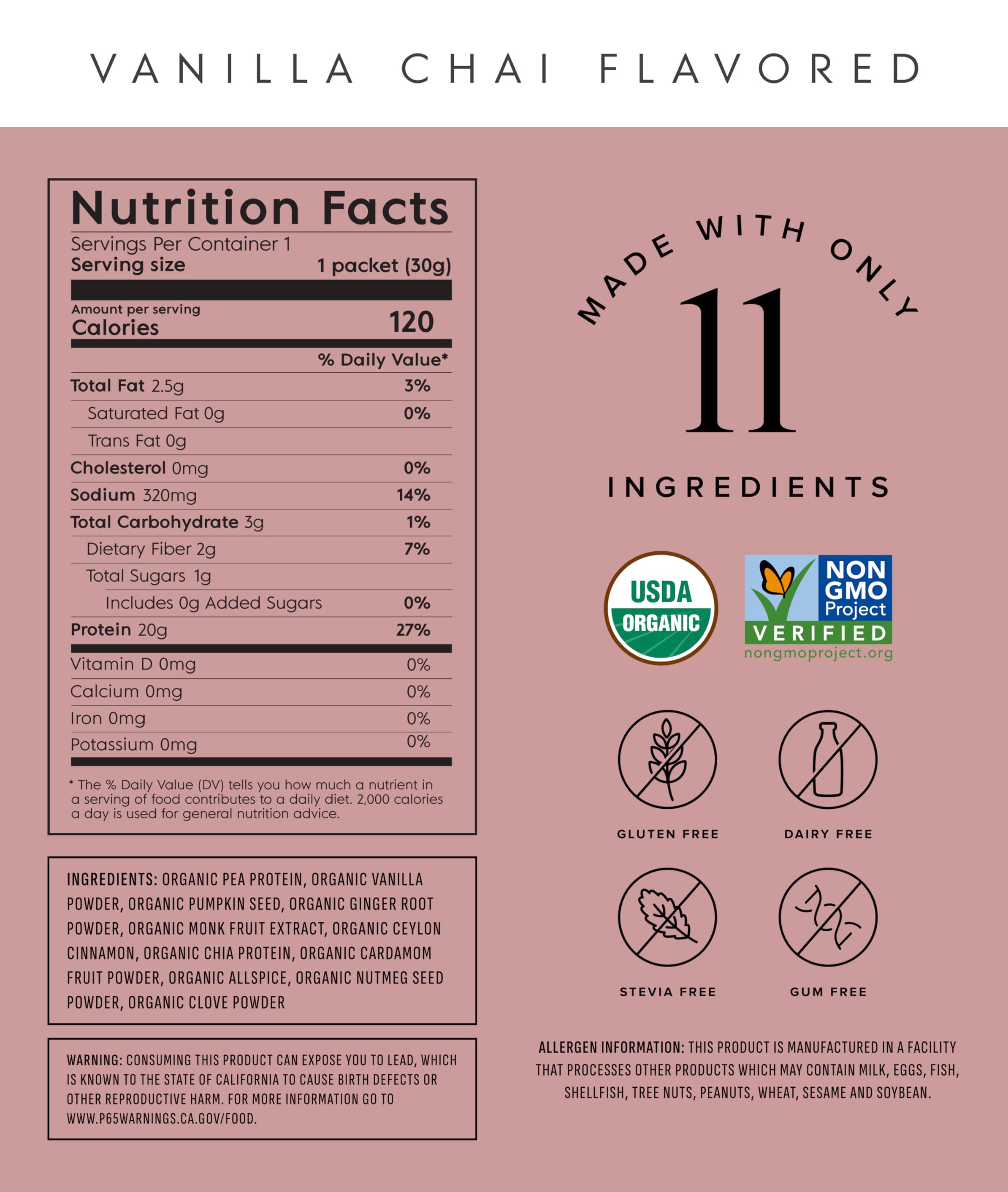 Truvani Vanilla Chai protein label showing organic ingredients