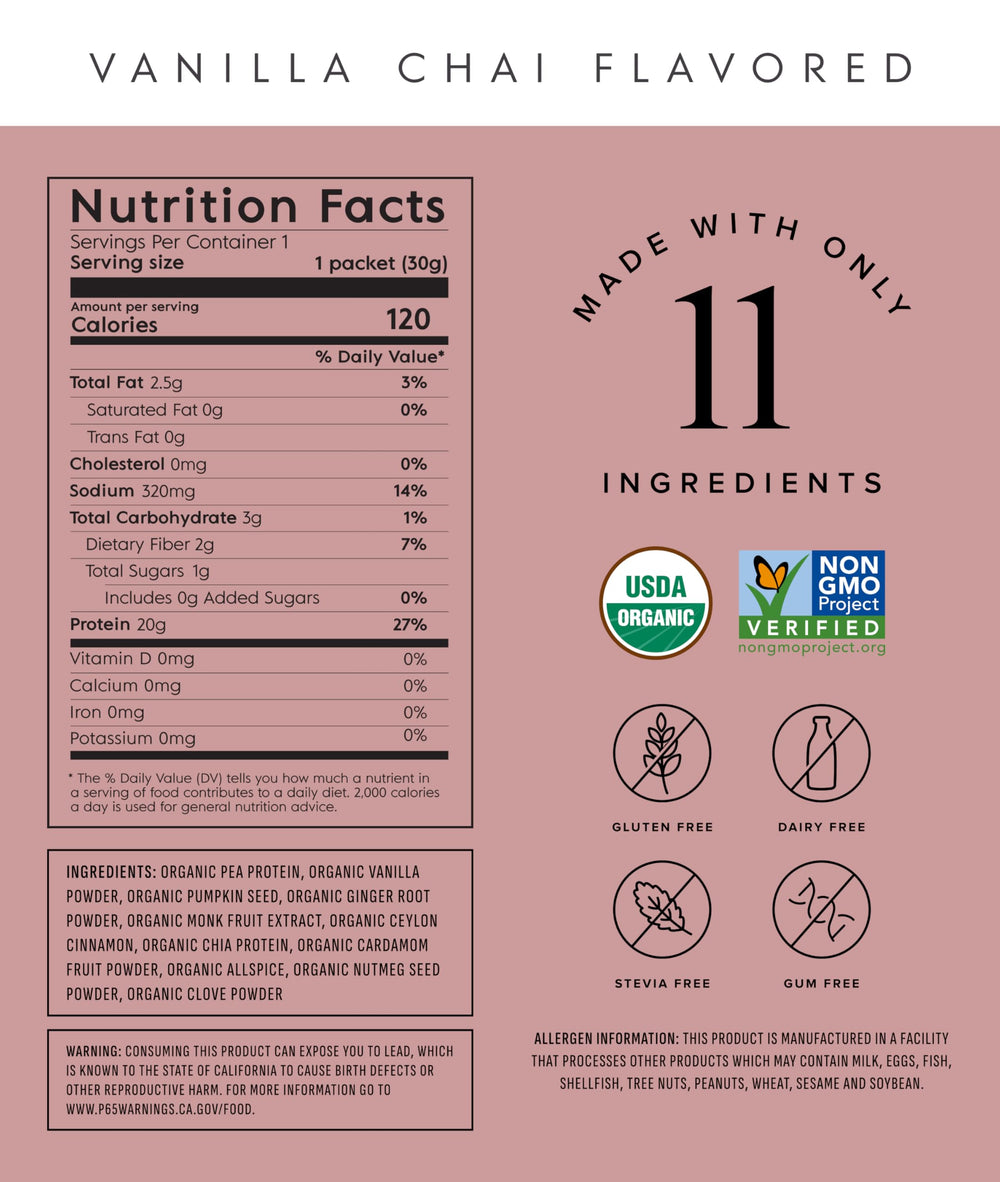 Truvani Vanilla Chai protein label showing organic ingredients