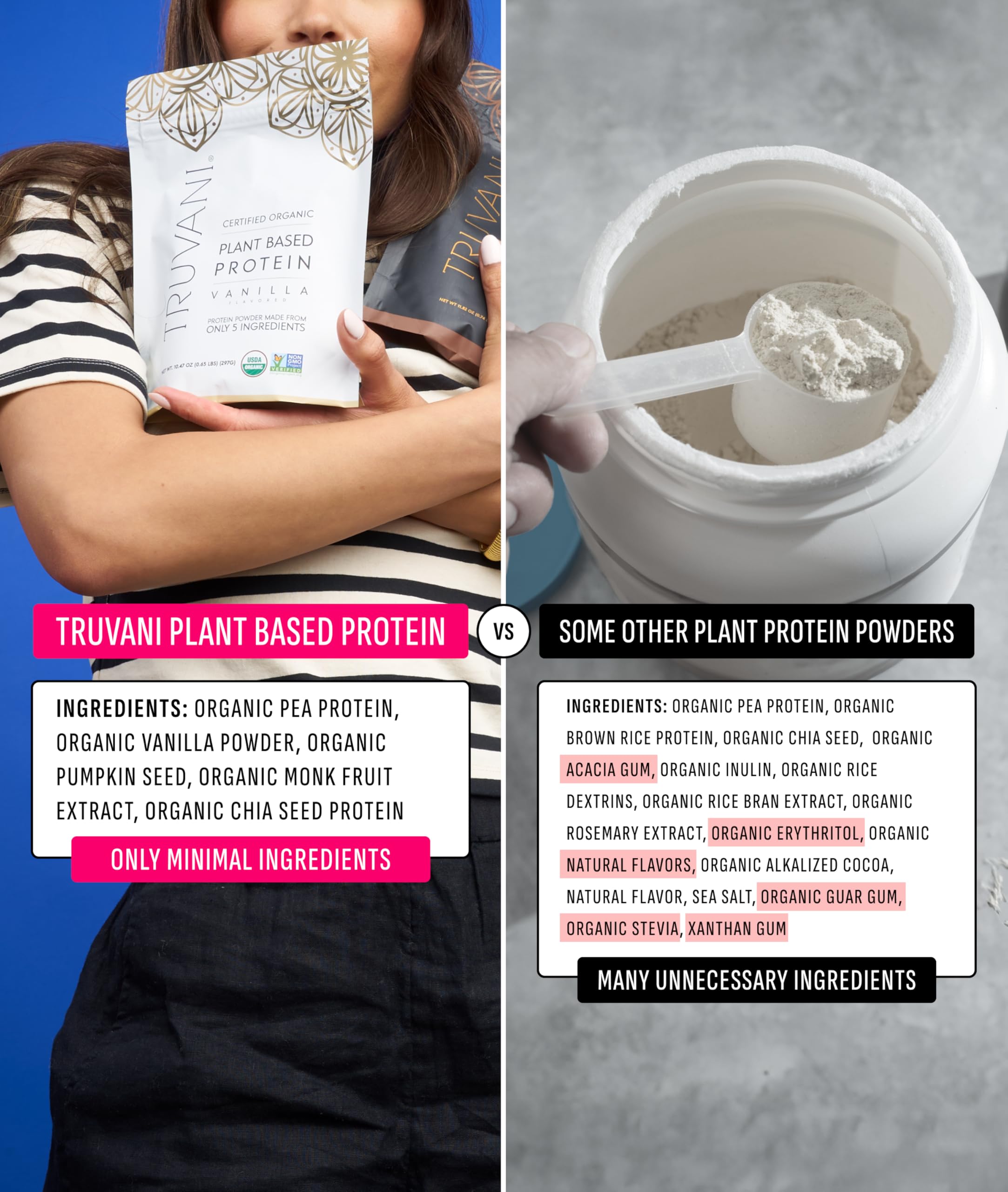 Truvani vanilla pea protein powder image; highlights clean label and gluten-free formula.