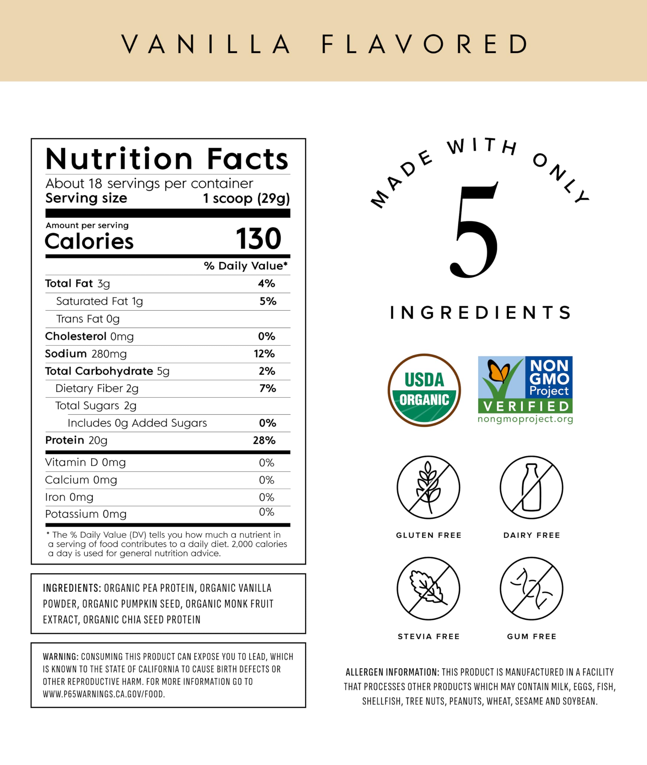 Truvani Vanilla Pea Protein Ingredients panel highlights clean, transparent nutrition.