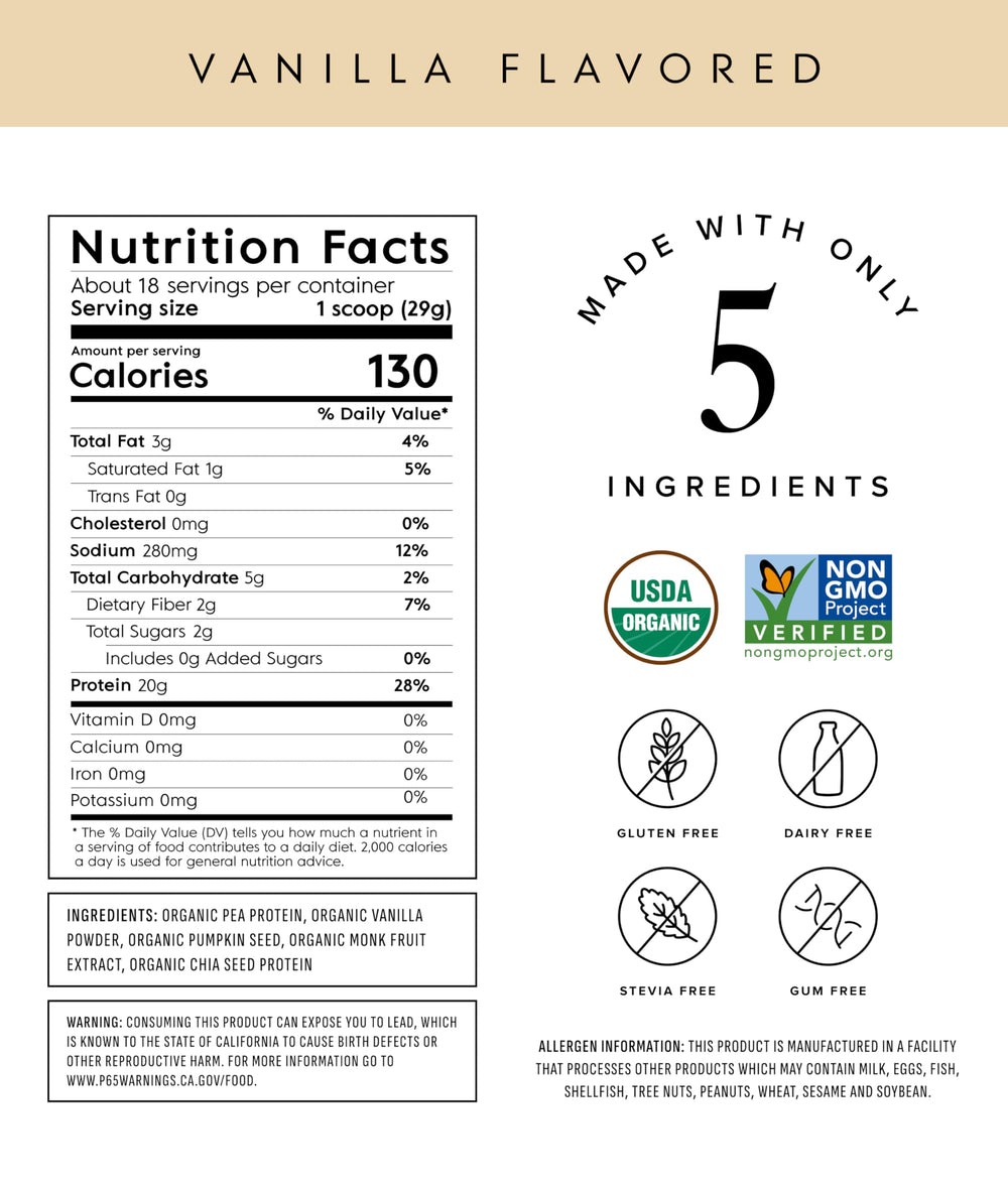 Truvani Vanilla Pea Protein Ingredients panel highlights clean, transparent nutrition.