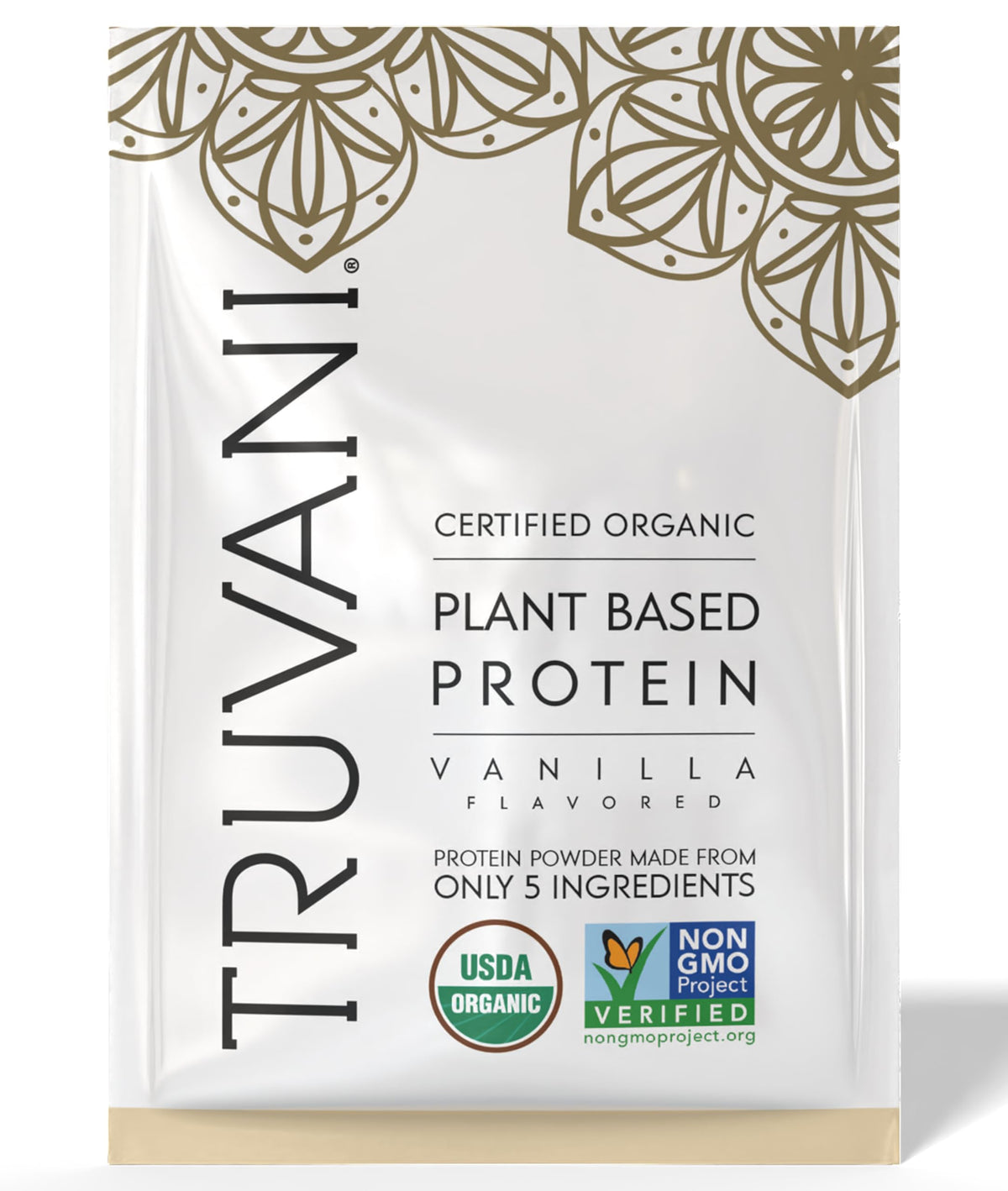 Truvani Vanilla pea protein powder; a clean plant-based protein for dairy-free shakes.