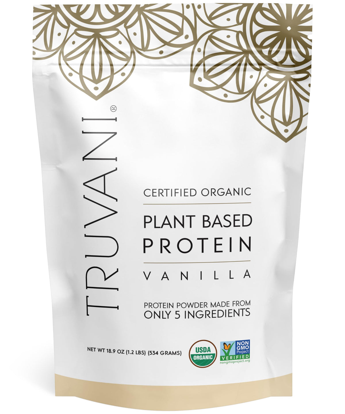 Truvani Vanilla Pea Protein Powder tub front showcases a premium vegan protein option.