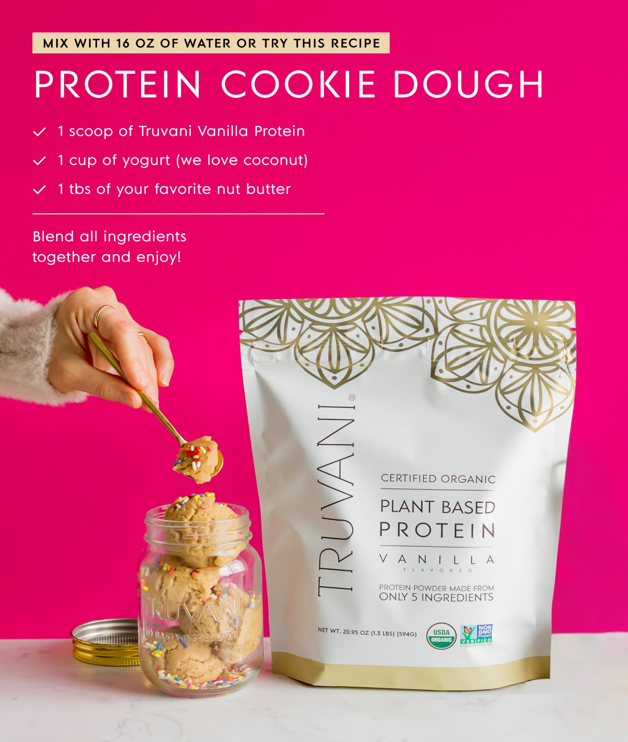 Truvani vanilla pea protein tub; shows rich, protein-packed supplement.