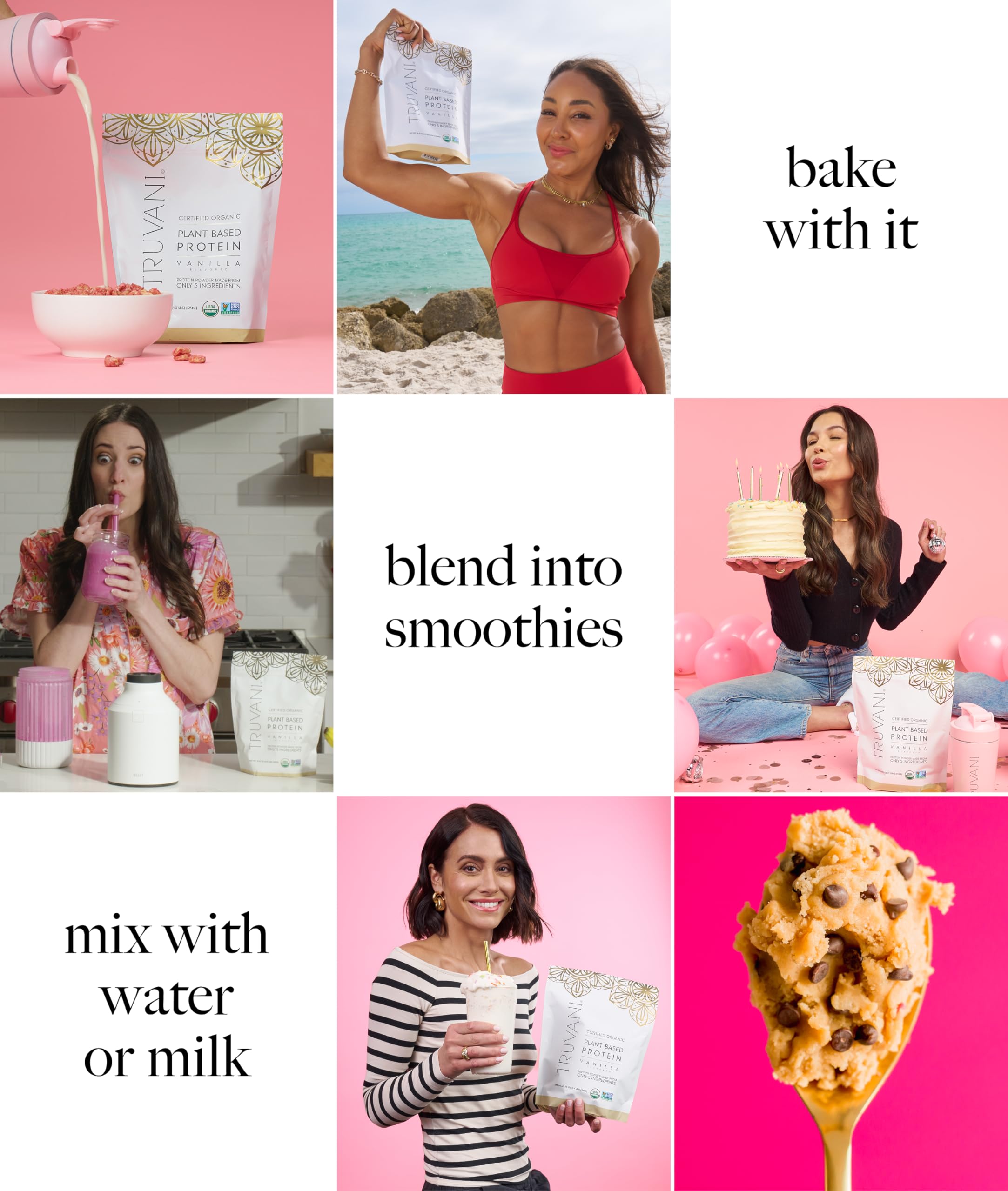 Truvani vanilla protein scoop; ideal for mixing with plant milk.