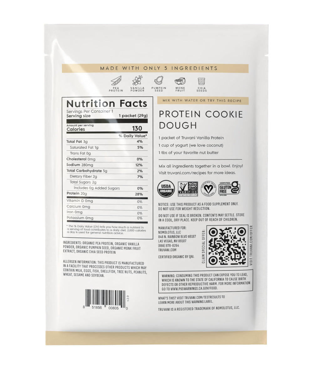 Truvani vanilla protein nutrition panel; easy reference for 20g protein per serving.