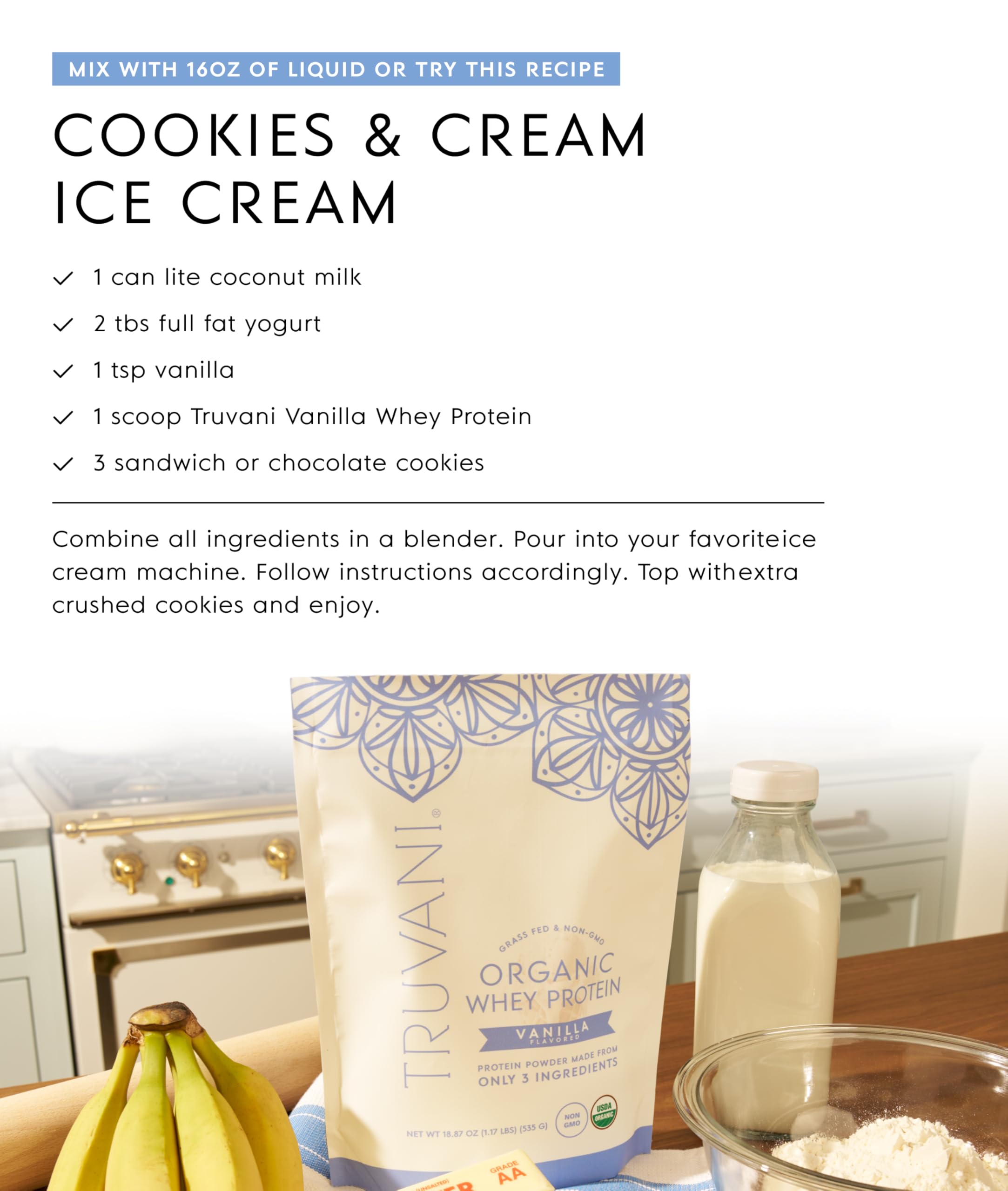 Truvani vanilla whey powder being poured into a shaker for quick meals.