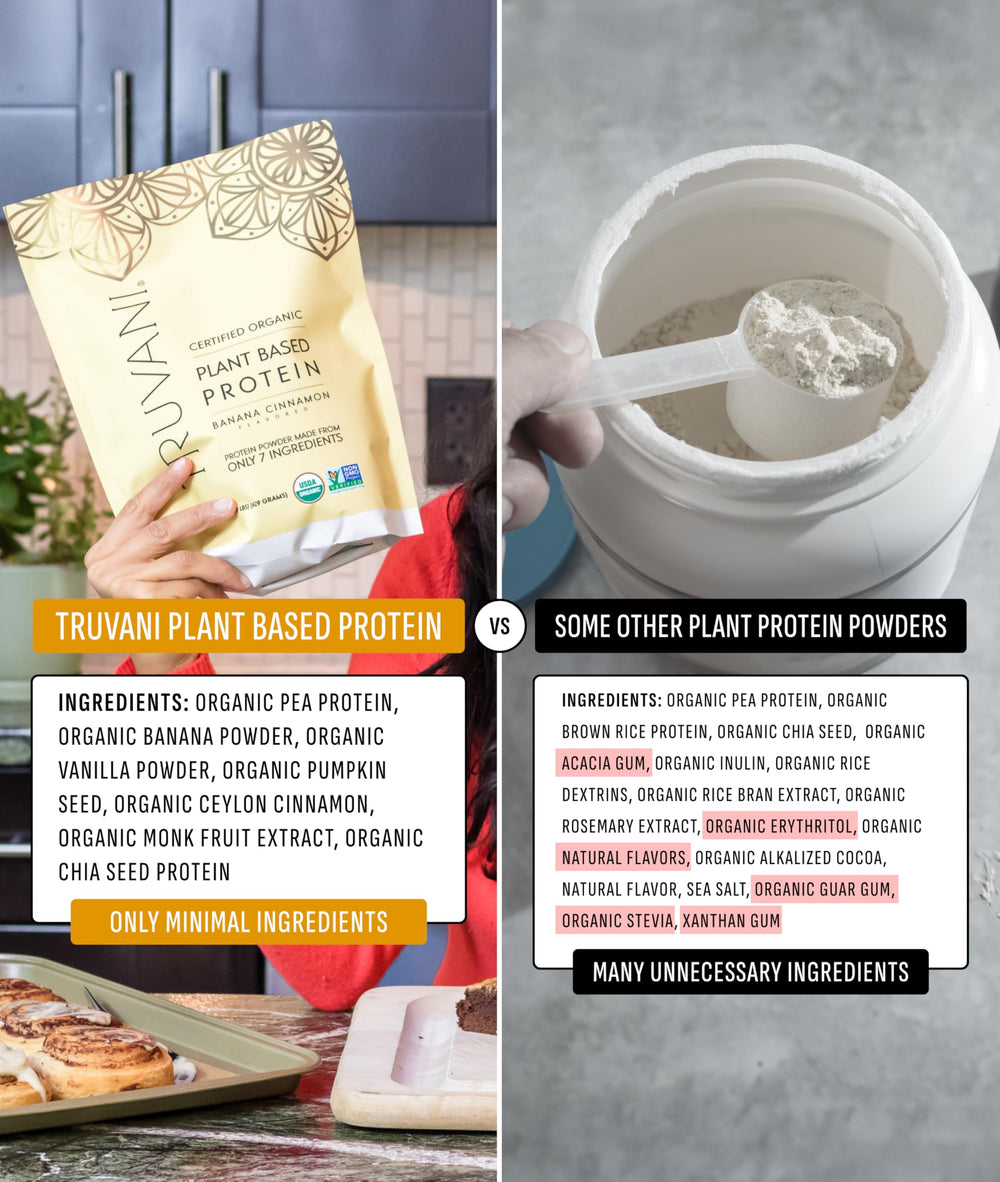 Truvani banana cinnamon protein ingredients include organic pea, pumpkin seed, chia