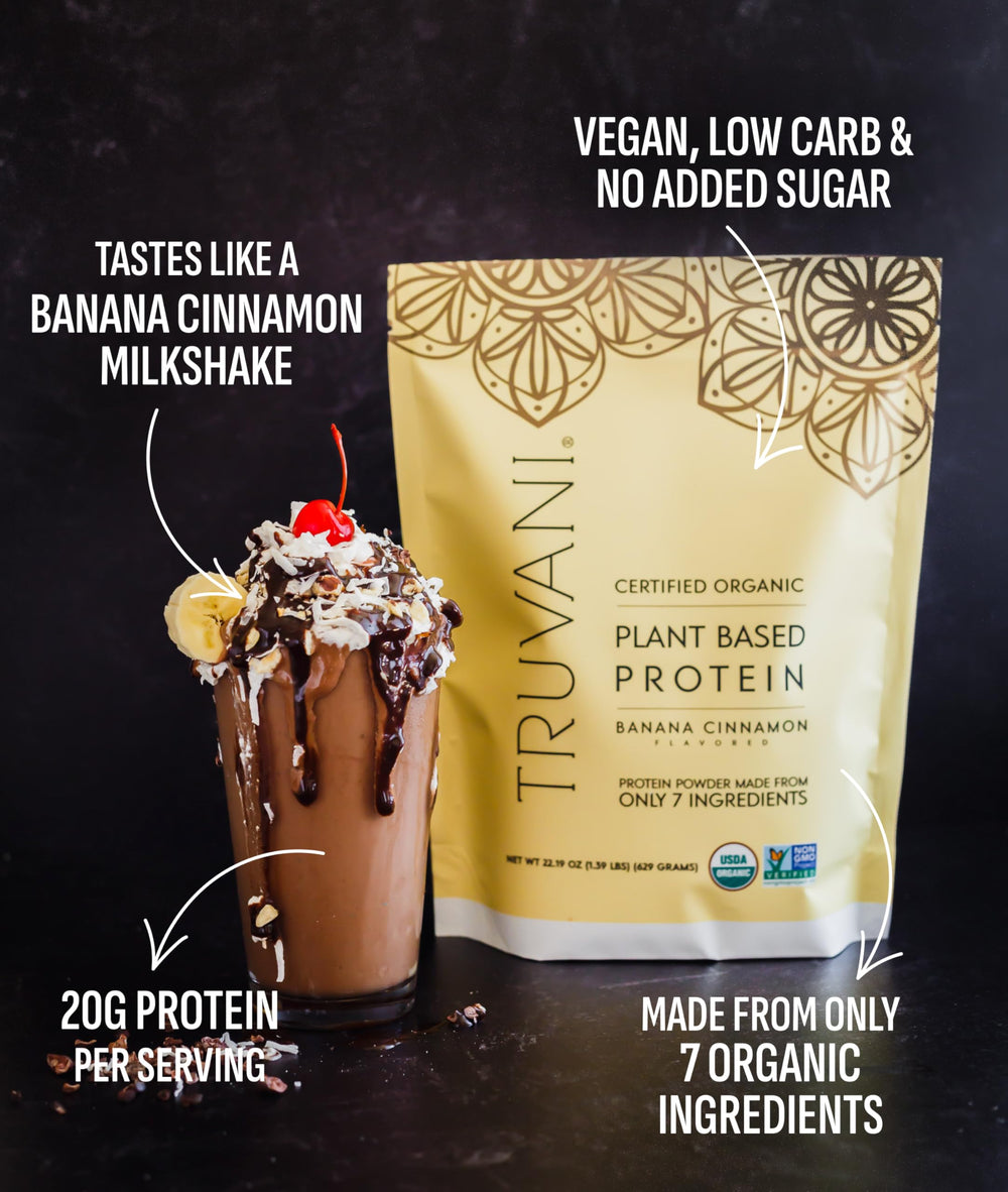 Truvani vegan pea protein banana cinnamon shake glass ideal for post-workout smoothies.