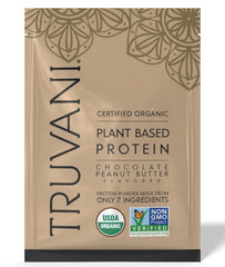 Truvani vegan pea protein powder bottle showing chocolate peanut butter flavor for clean, keto-friendly protein.