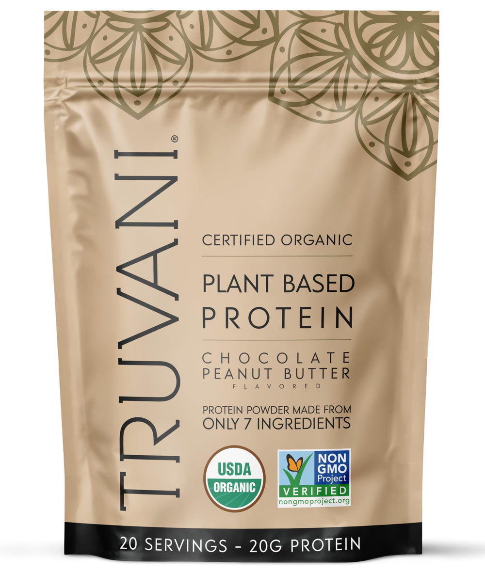Truvani vegan pea protein powder tub with chocolate peanut butter flavor, premium organic blend.
