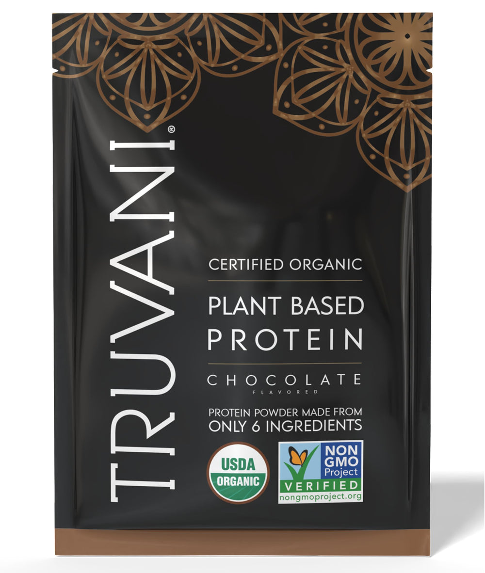 Truvani vegan pea protein chocolate powder tub for clean daily fueling.