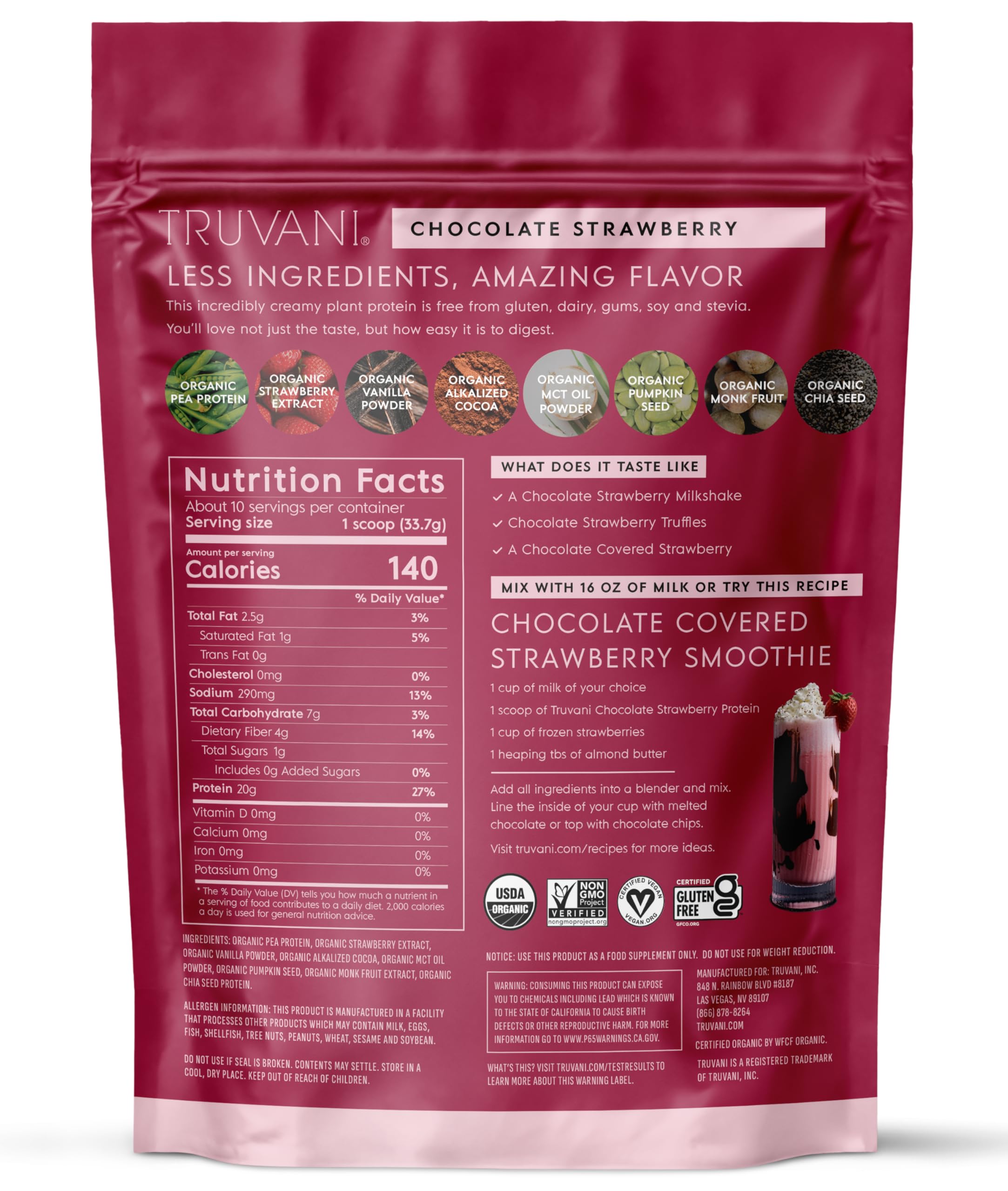 Dry ingredients highlight organic pea and seeds used in the blend.