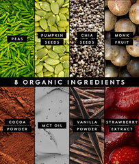 Label highlights organic vegan ingredients from pea, pumpkin seed, and chia.