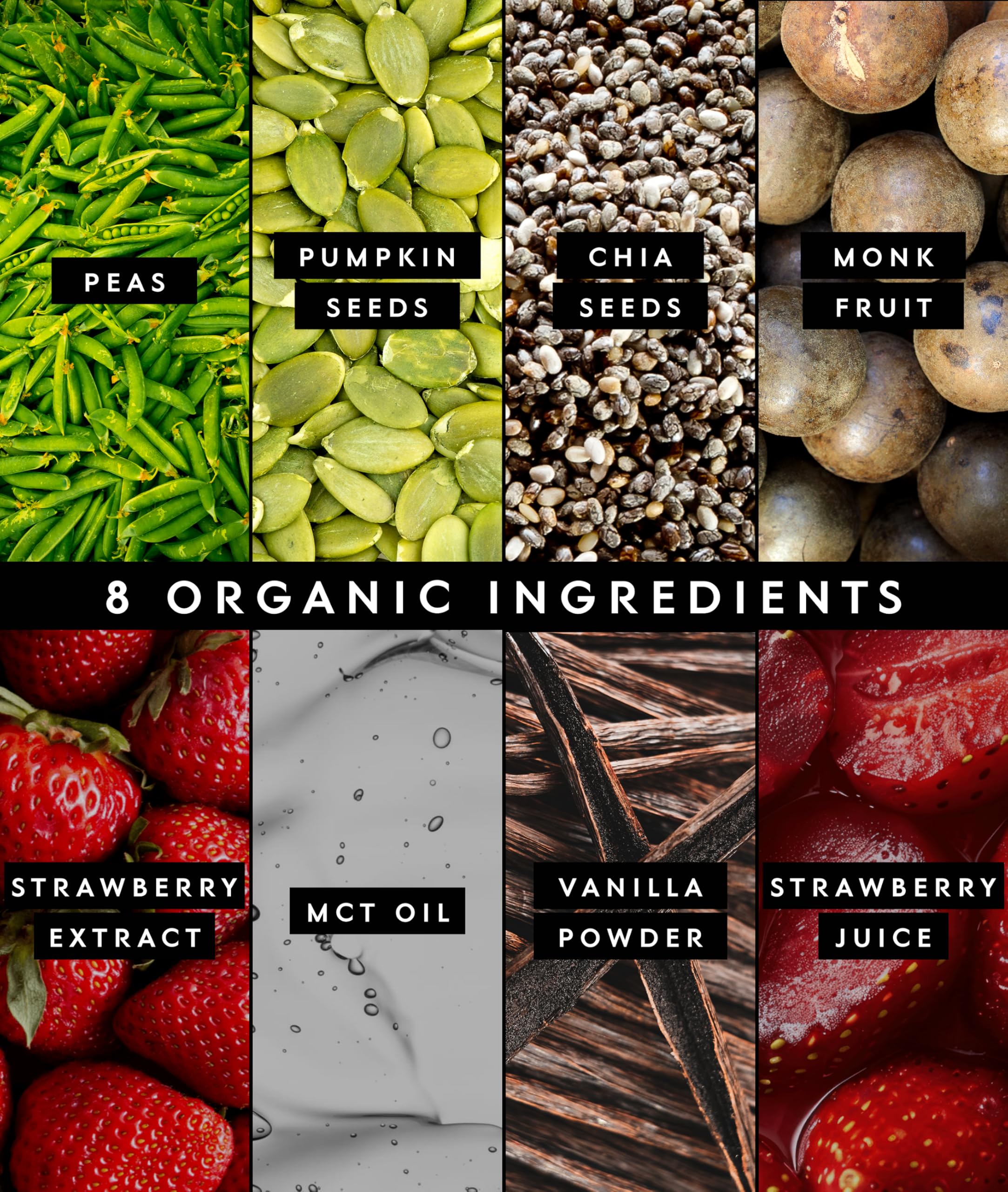 Truvani ingredients image highlights organic peas and seeds supporting plant-based protein quality
