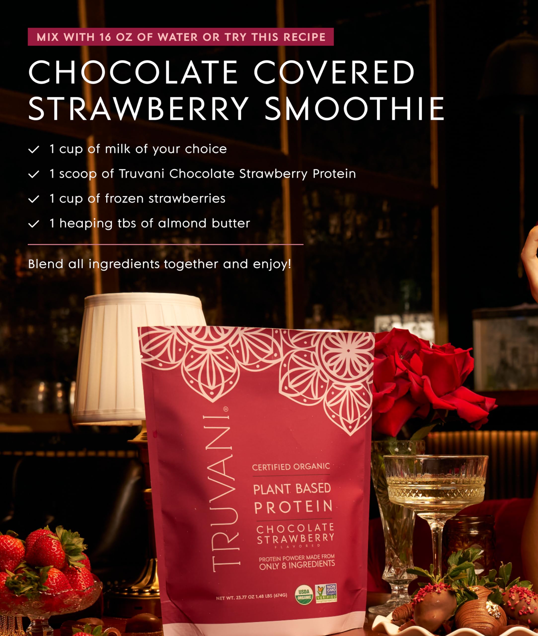 Truvani scoop beside fruits promotes easy, flavorful protein additions