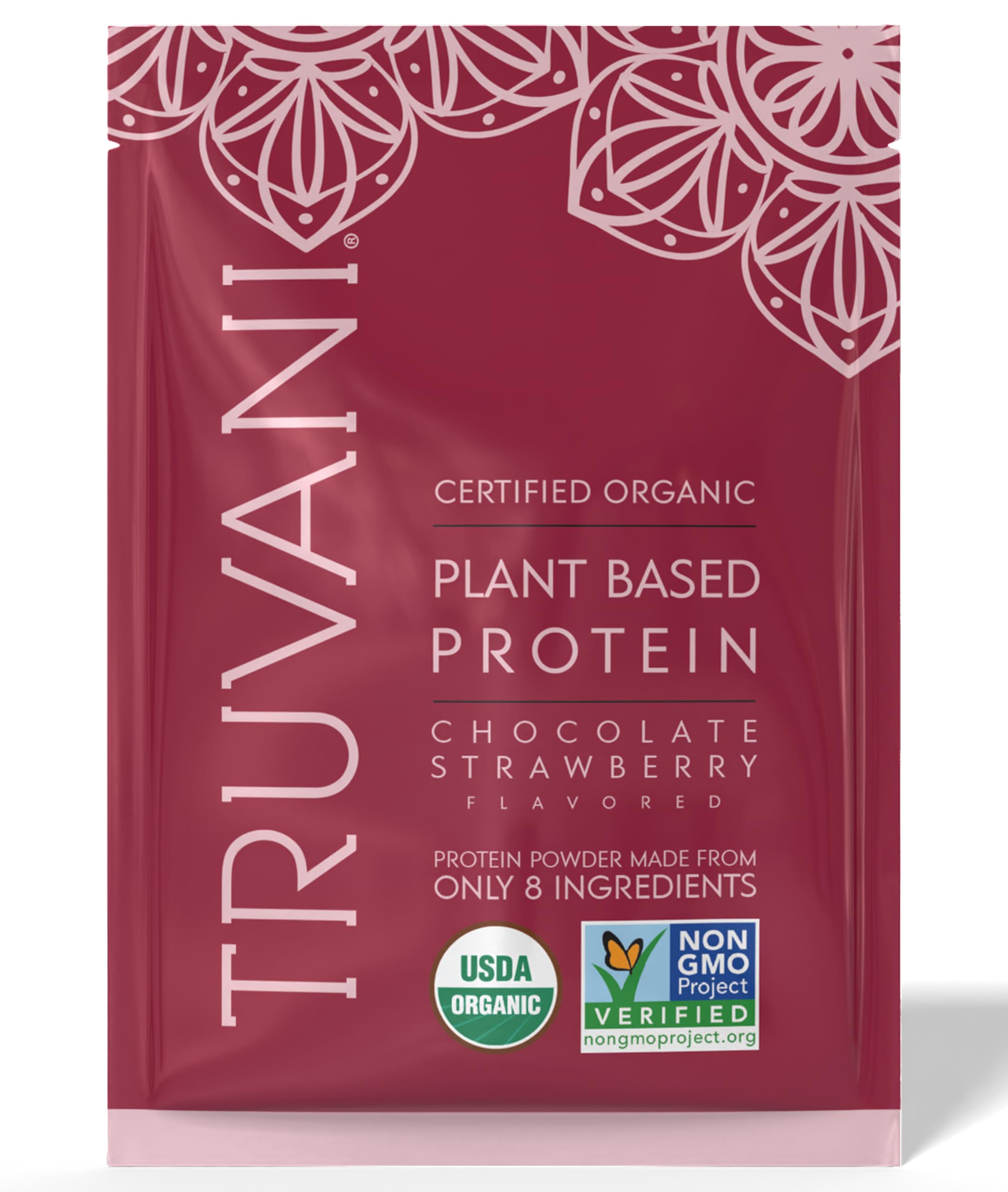 Truvani vegan pea protein powder pours into a glass for a smoothie, emphasizing dairy-free nutrition