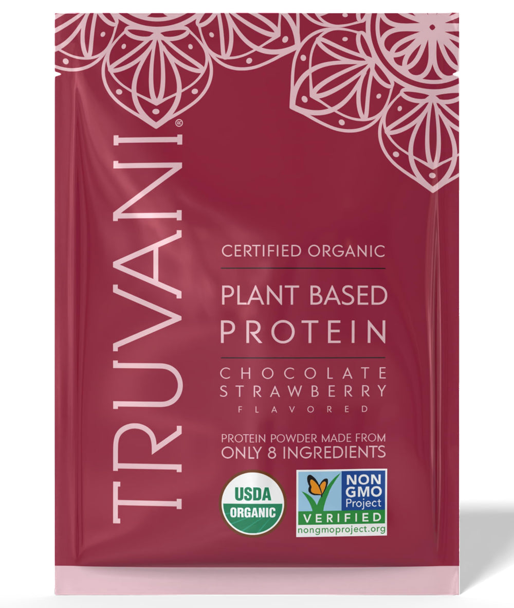 Truvani vegan pea protein powder pours into a glass for a smoothie, emphasizing dairy-free nutrition