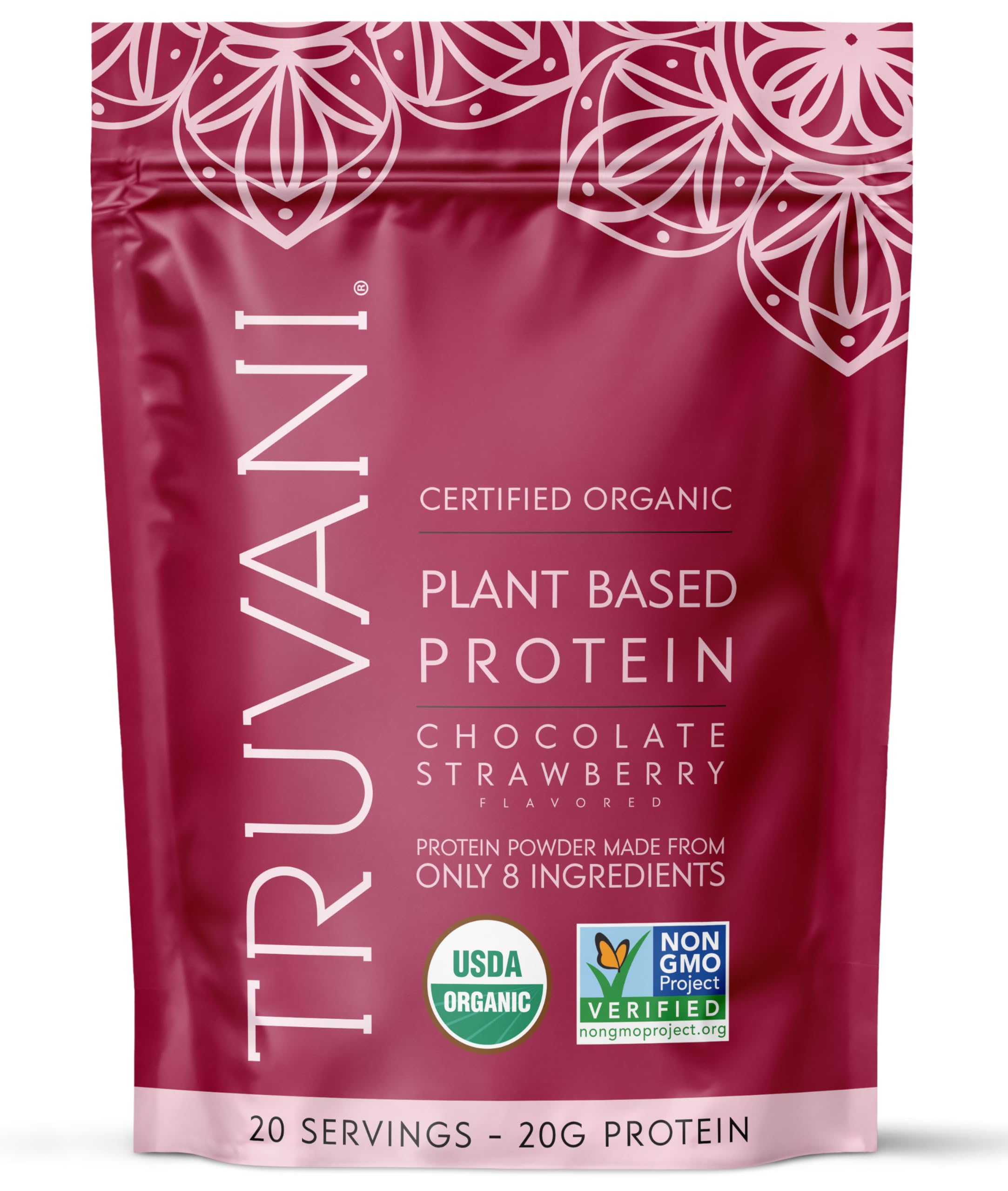 Truvani vegan pea protein powder canister front view for clean, plant-based nutrition.