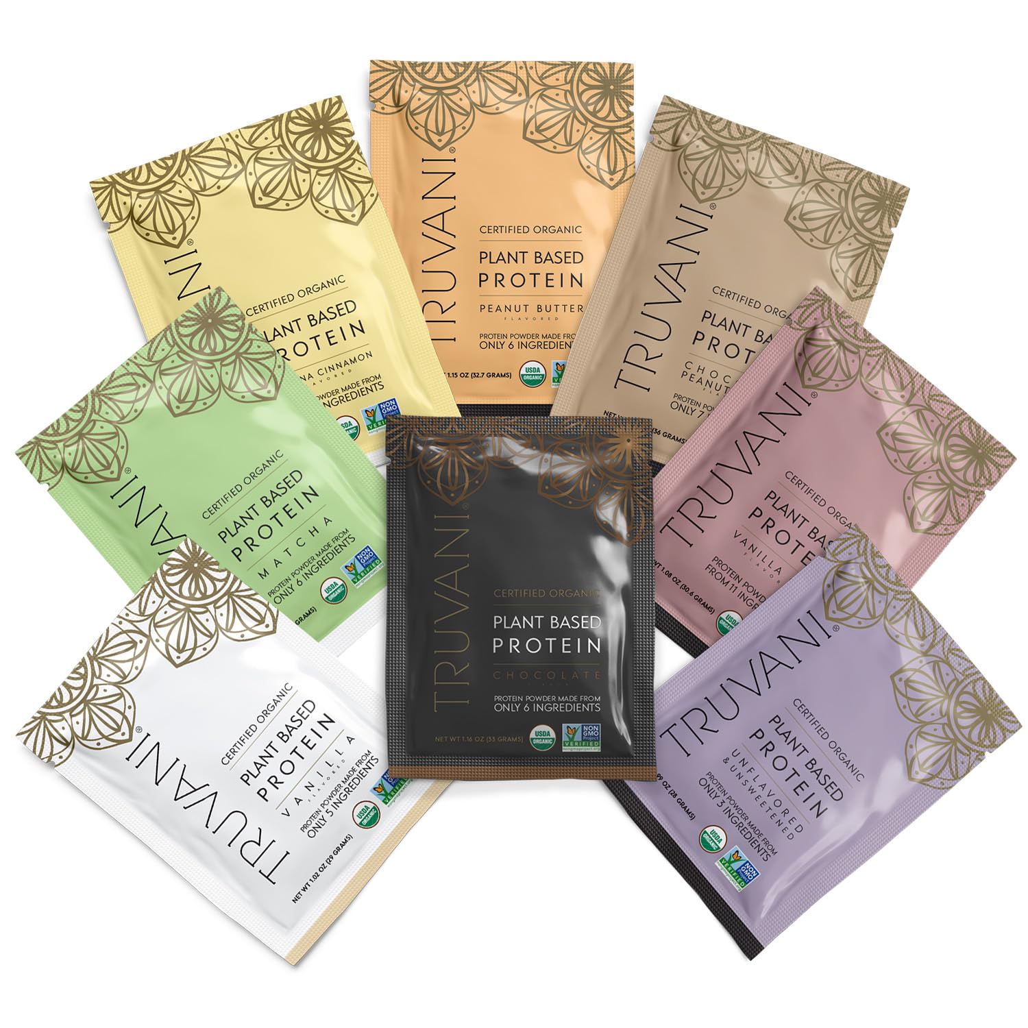 Truvani vegan pea protein powder sample-pack label highlighting organic ingredients for clean nutrition