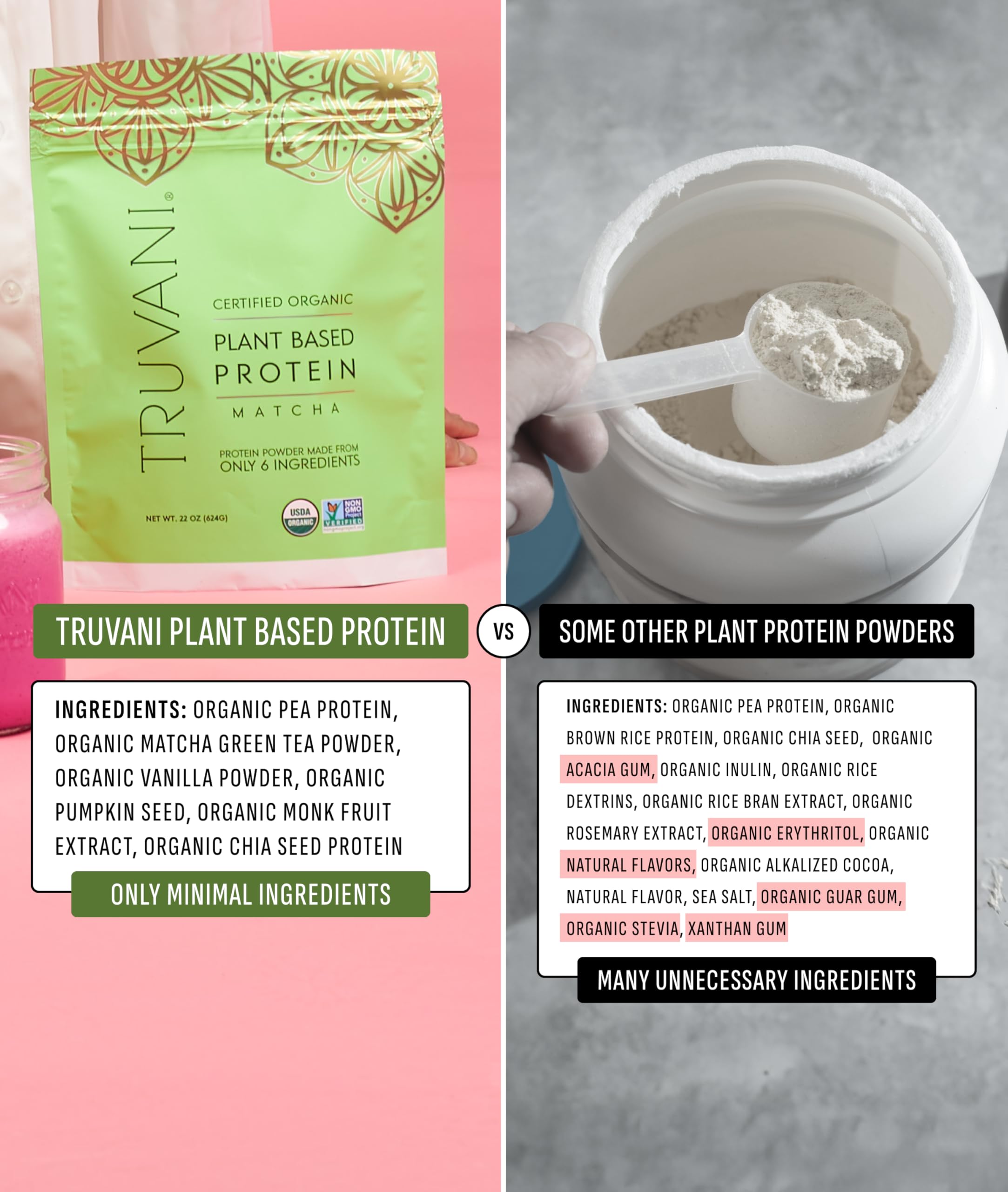Truvani vegan pea protein with pumpkin seed detail as protein source