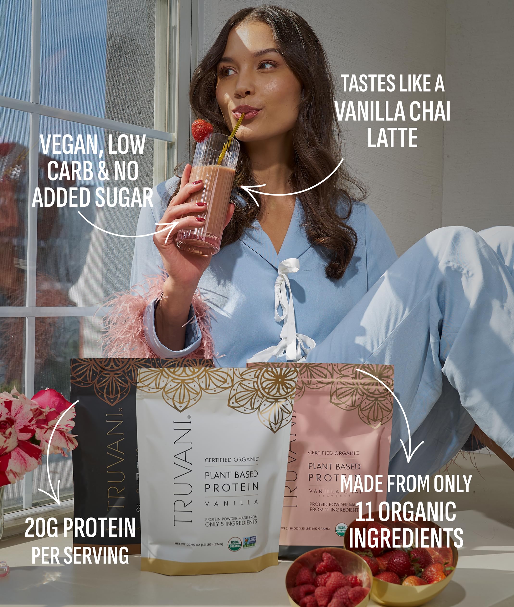 Truvani protein scoop beside bottle ready for daily boosts.