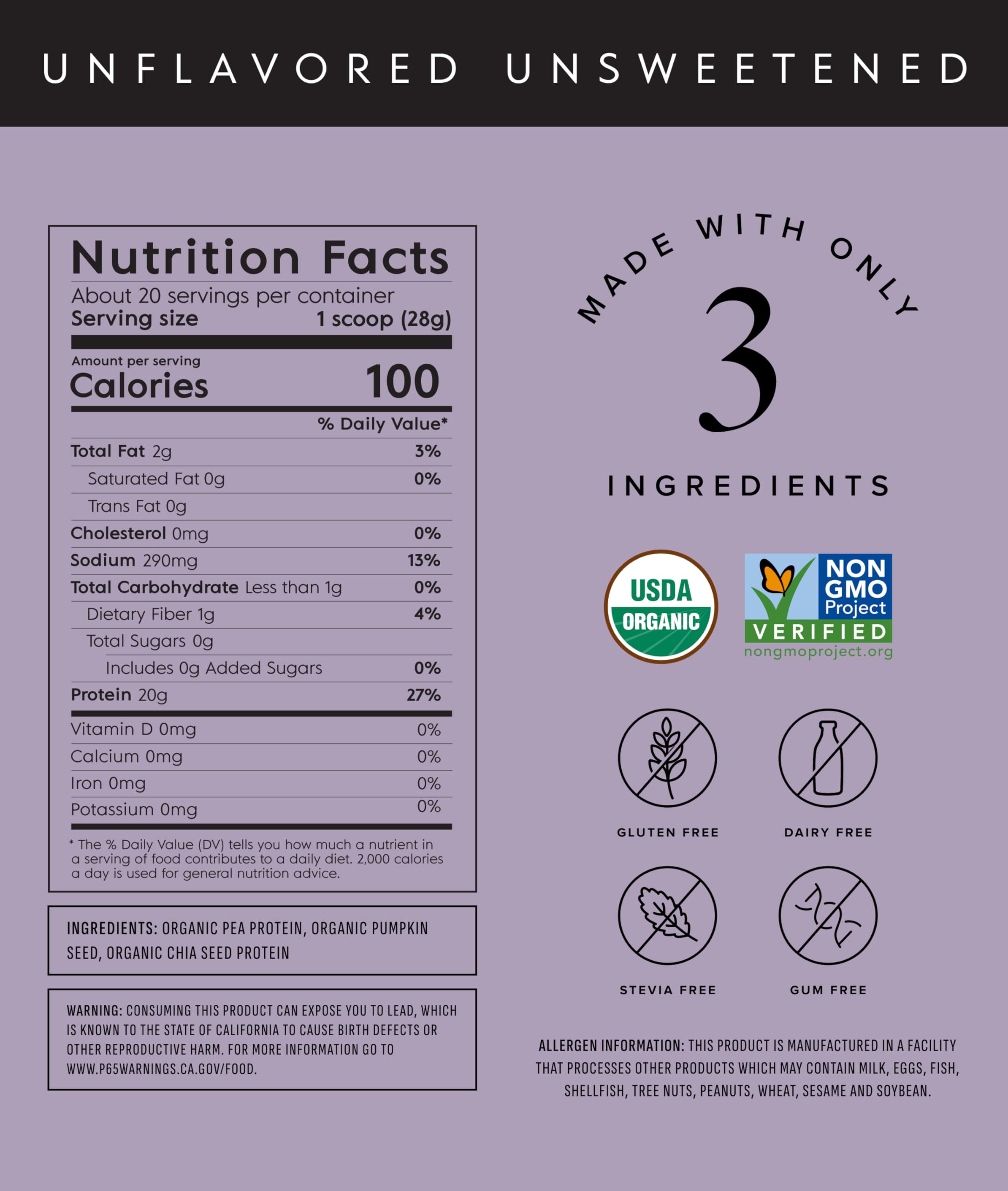 Serving scoop beside label highlights 20g protein per serving