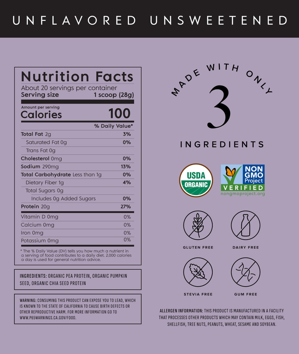 Serving scoop beside label highlights 20g protein per serving