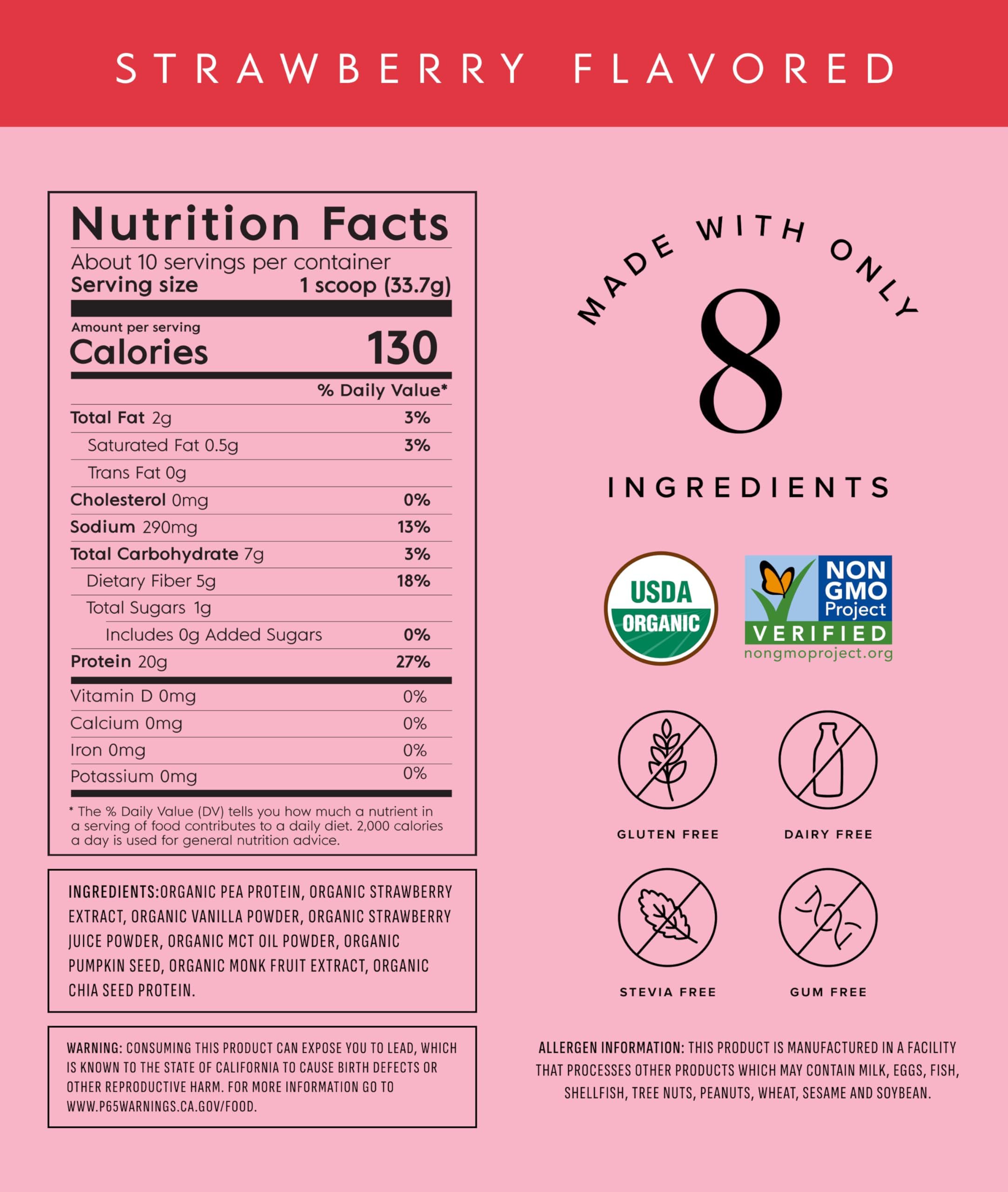 Truvani vegan pea protein strawberry tub back emphasizes certifications and transparent ingredients for trusted nutrition