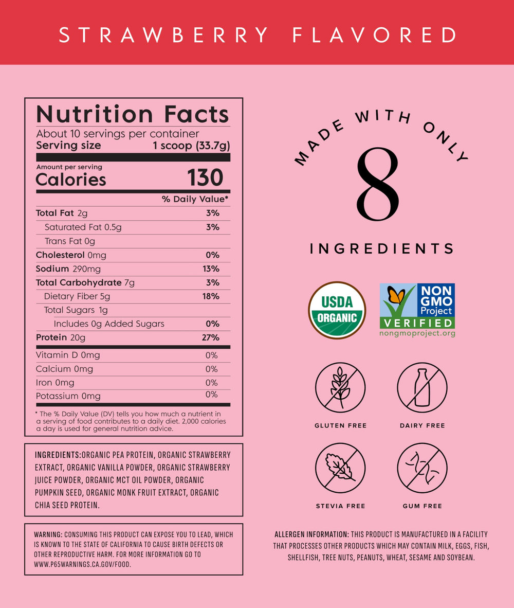Truvani vegan pea protein strawberry tub back emphasizes certifications and transparent ingredients for trusted nutrition