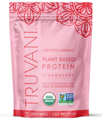 Truvani vegan pea protein strawberry tub front highlights organic, clean protein for post-workout shakes