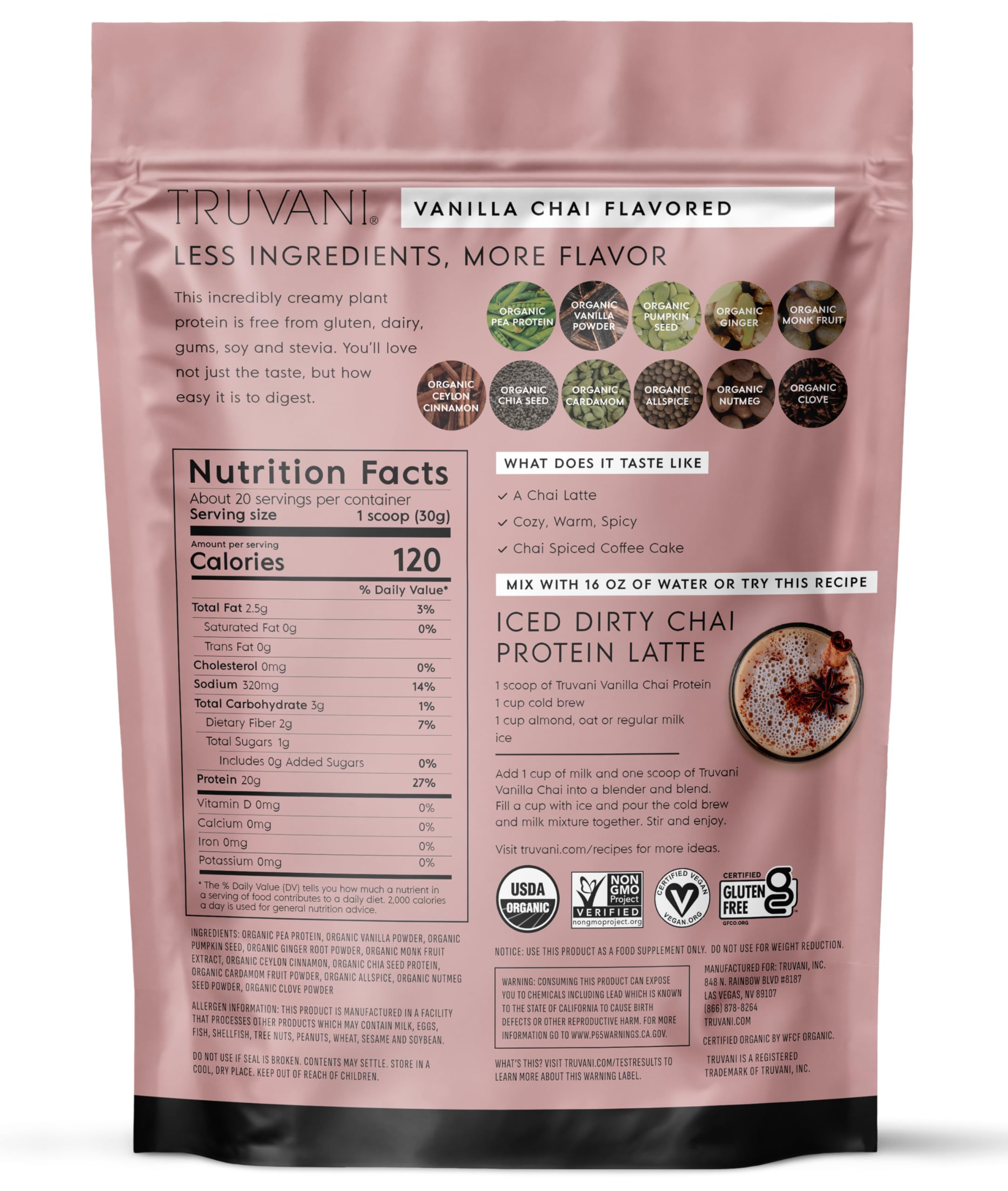 Serving size of Truvani Vanilla Chai vegan protein suitable for keto