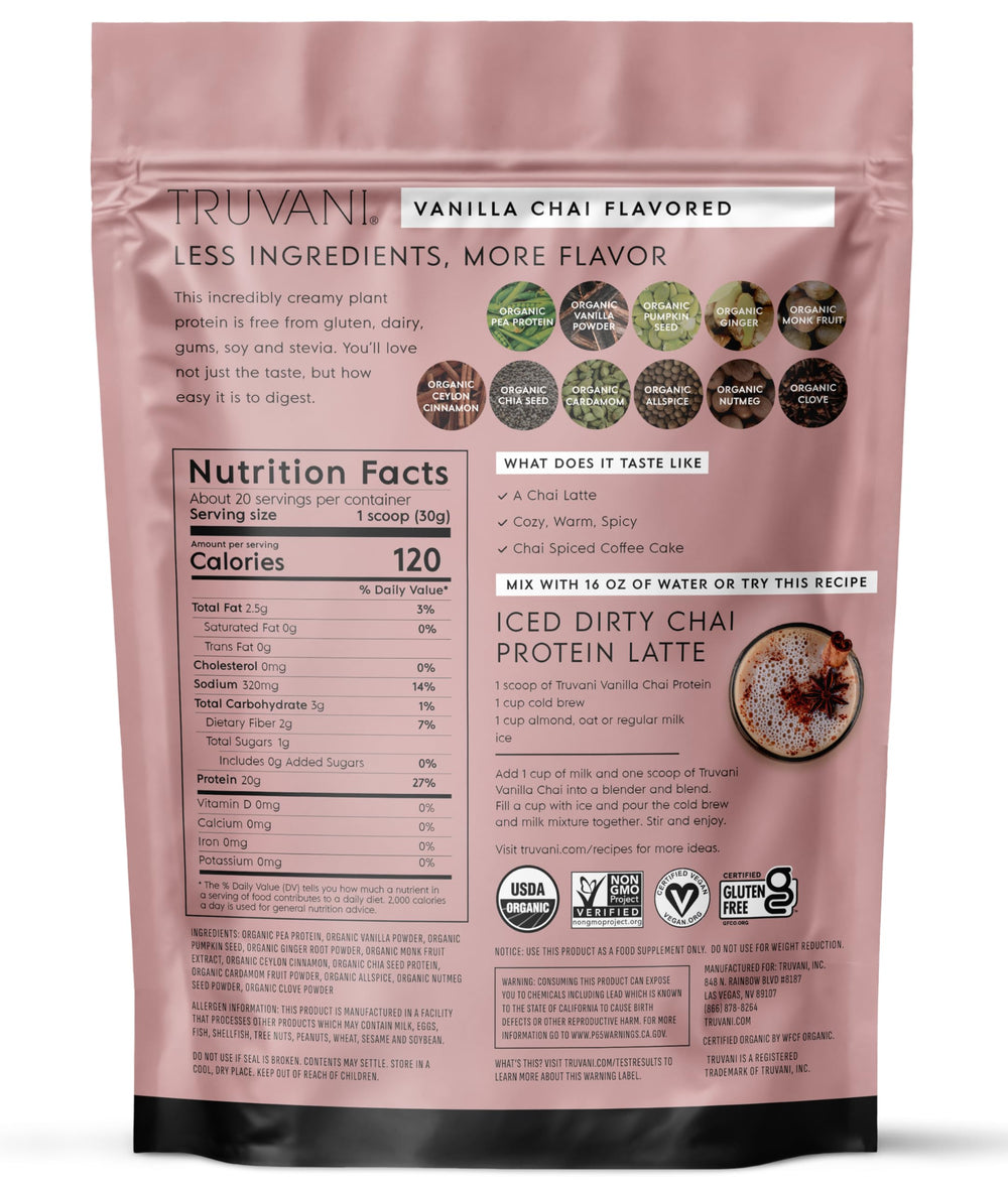 Serving size of Truvani Vanilla Chai vegan protein suitable for keto
